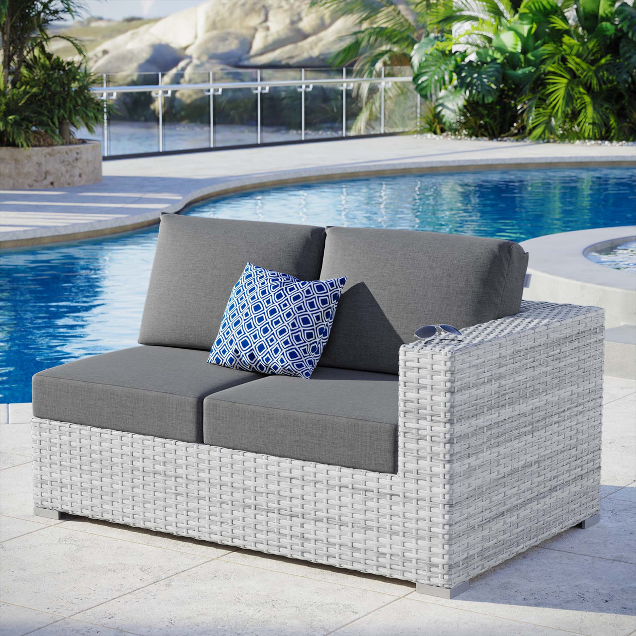 Conversation Alfresco Right-Arm Loveseat | Outdoor Modular Sectional Component, Light Gray & Charcoal