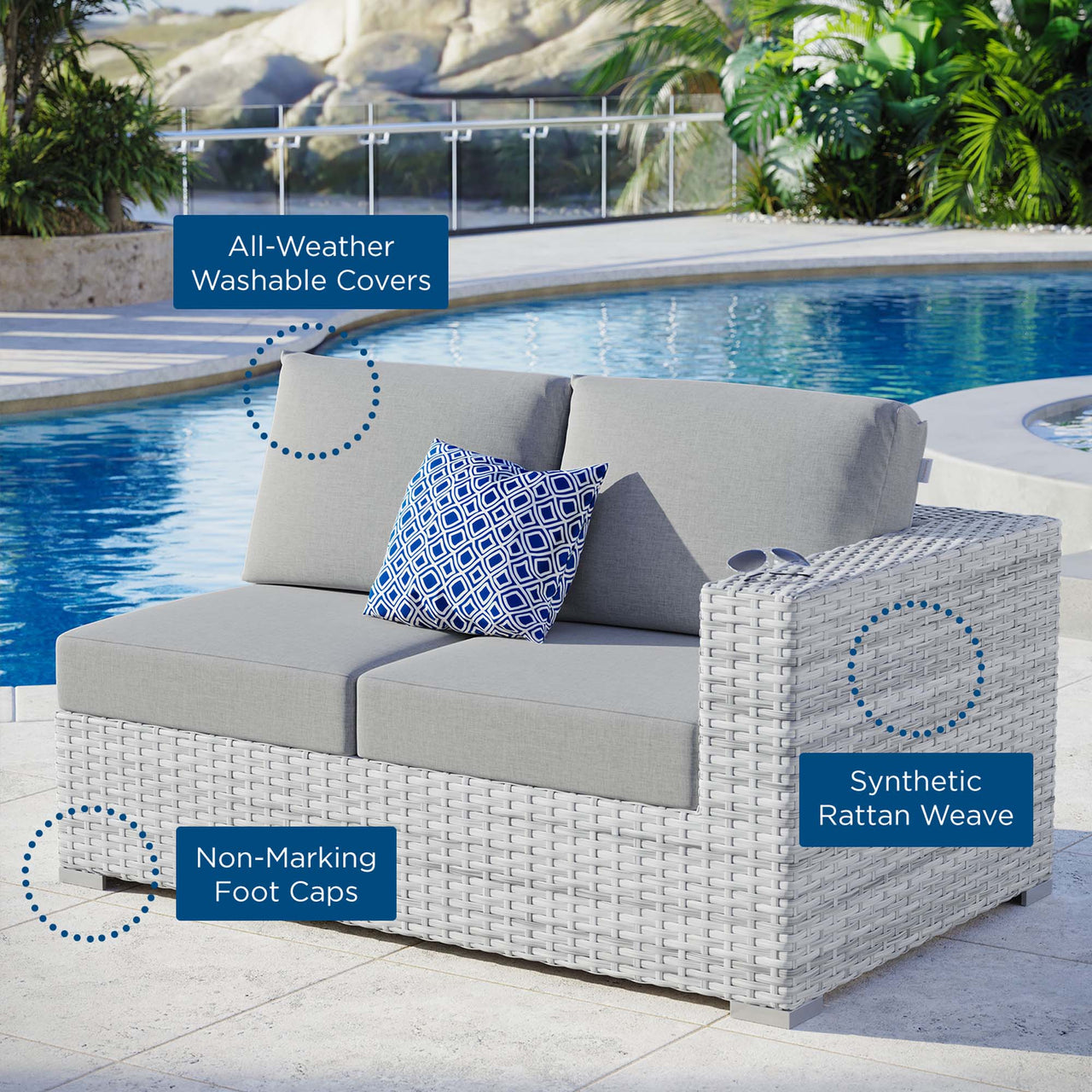 Conversation Alfresco Right-Arm Loveseat | Outdoor Modular Sectional Component, Light Gray & Gray