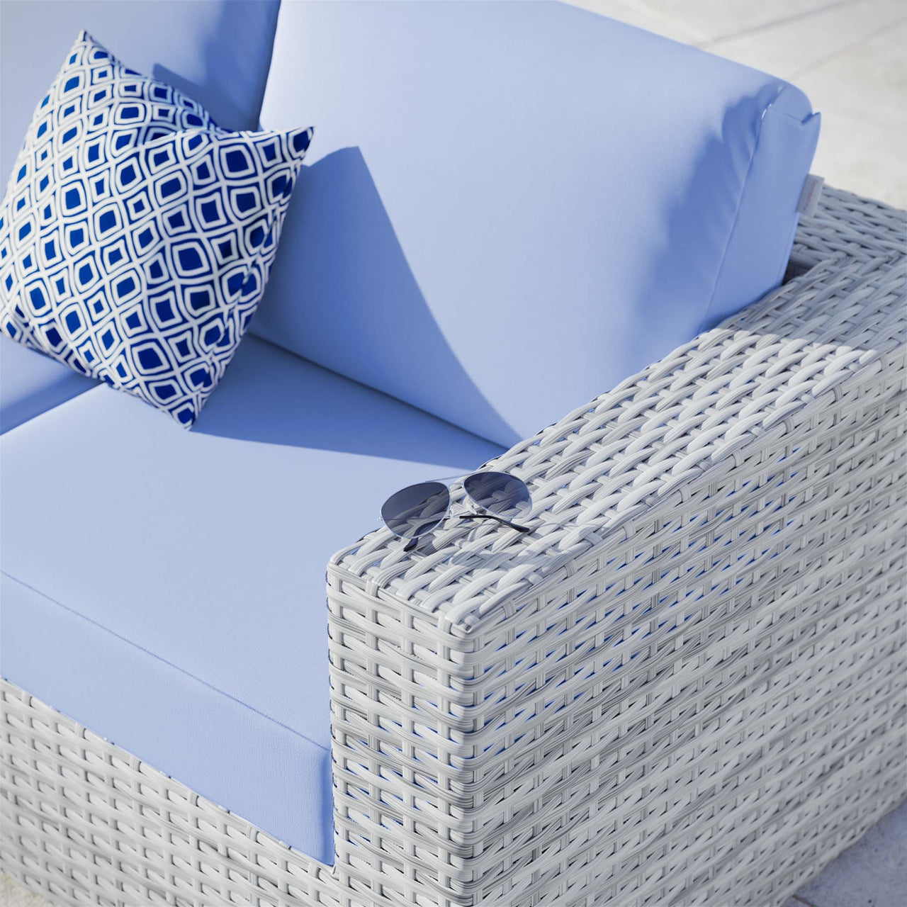 Conversation Alfresco Right-Arm Loveseat | Outdoor Modular Sectional Component, Light Gray & Light Blue