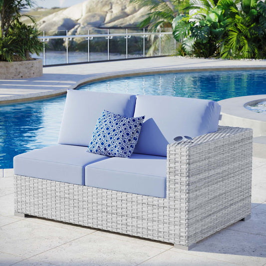 Conversation Alfresco Right-Arm Loveseat | Outdoor Modular Sectional Component, Light Gray & Light Blue