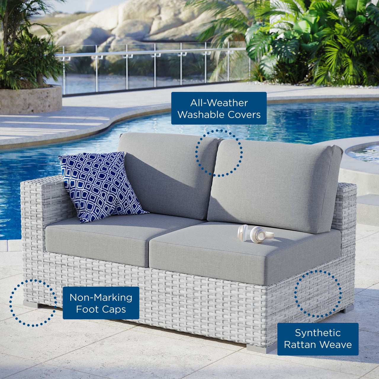 Conversation Alfresco Left-Arm Loveseat | Outdoor Modular Sectional Component, Light Gray & Gray