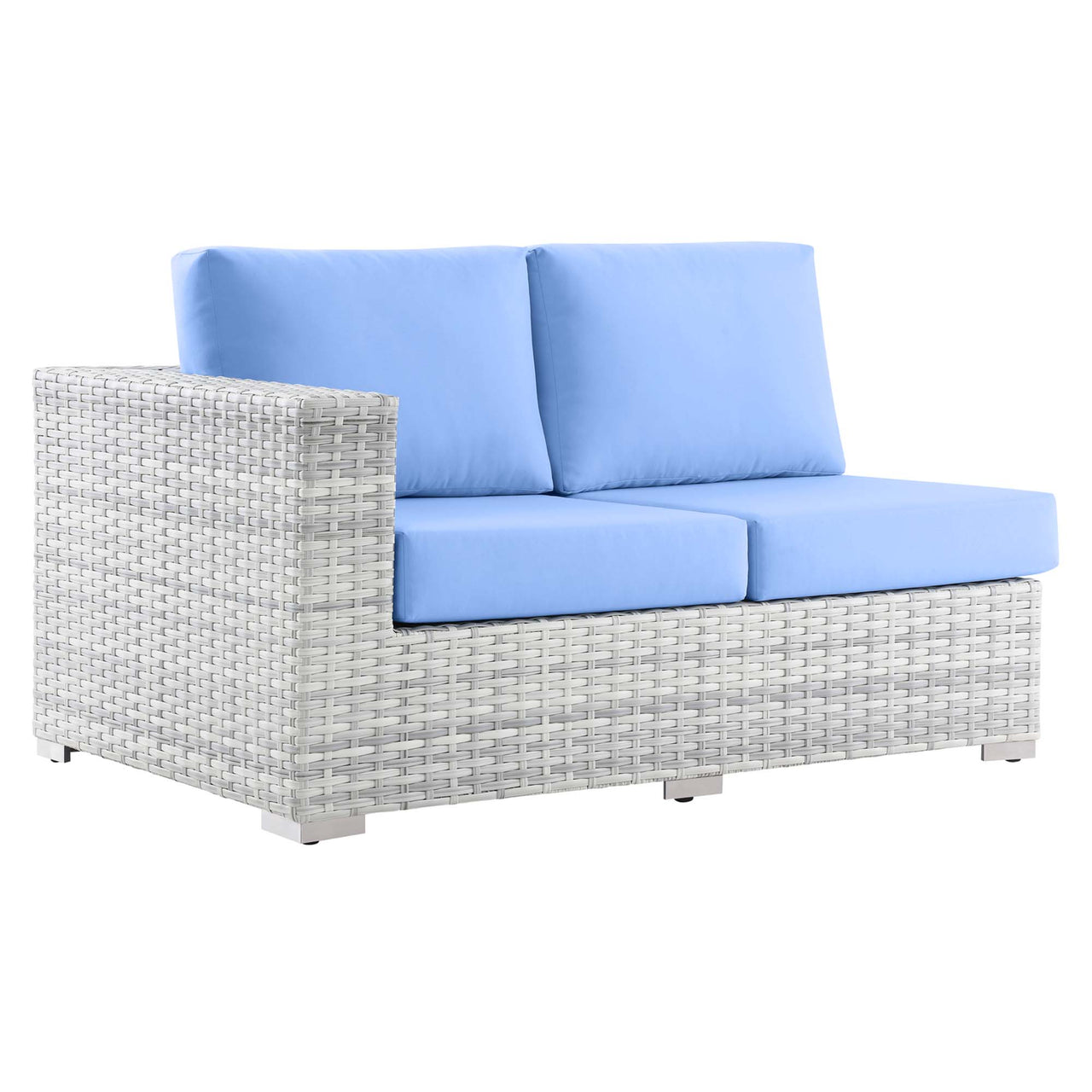 Conversation Alfresco Left-Arm Loveseat | Outdoor Modular Sectional Component, Light Gray & Light Blue