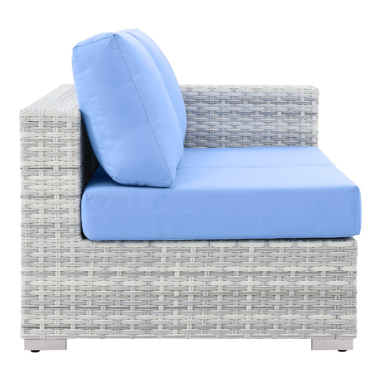 Conversation Alfresco Left-Arm Loveseat | Outdoor Modular Sectional Component, Light Gray & Light Blue