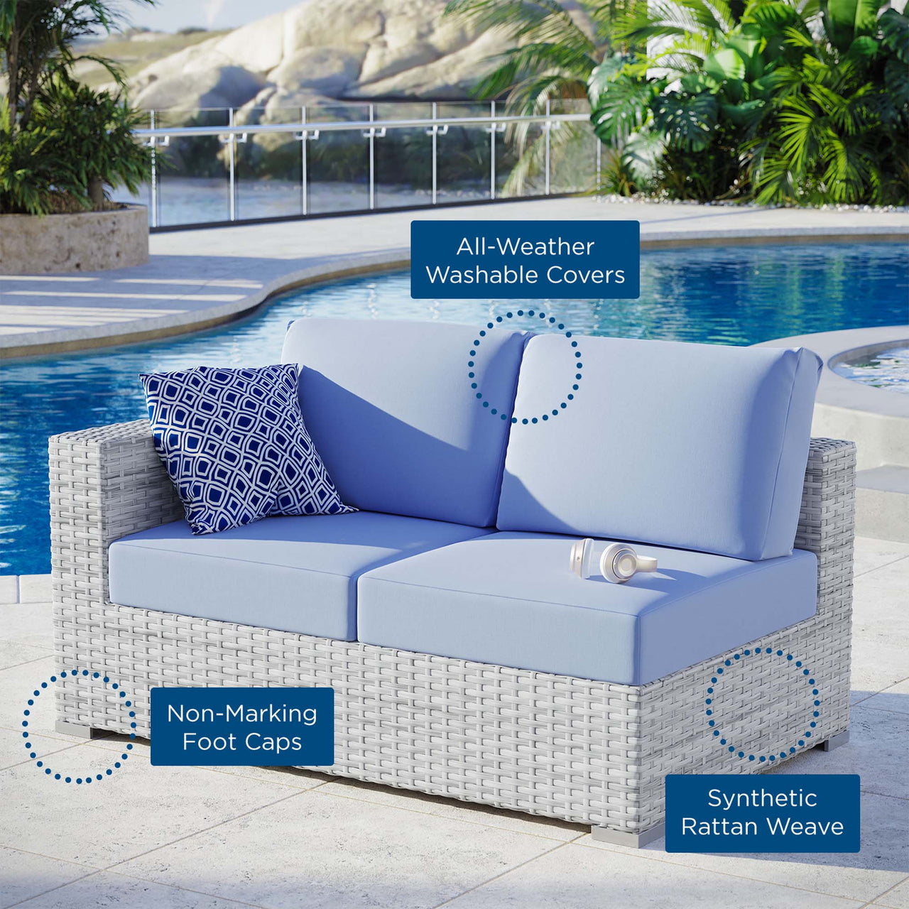 Conversation Alfresco Left-Arm Loveseat | Outdoor Modular Sectional Component, Light Gray & Light Blue