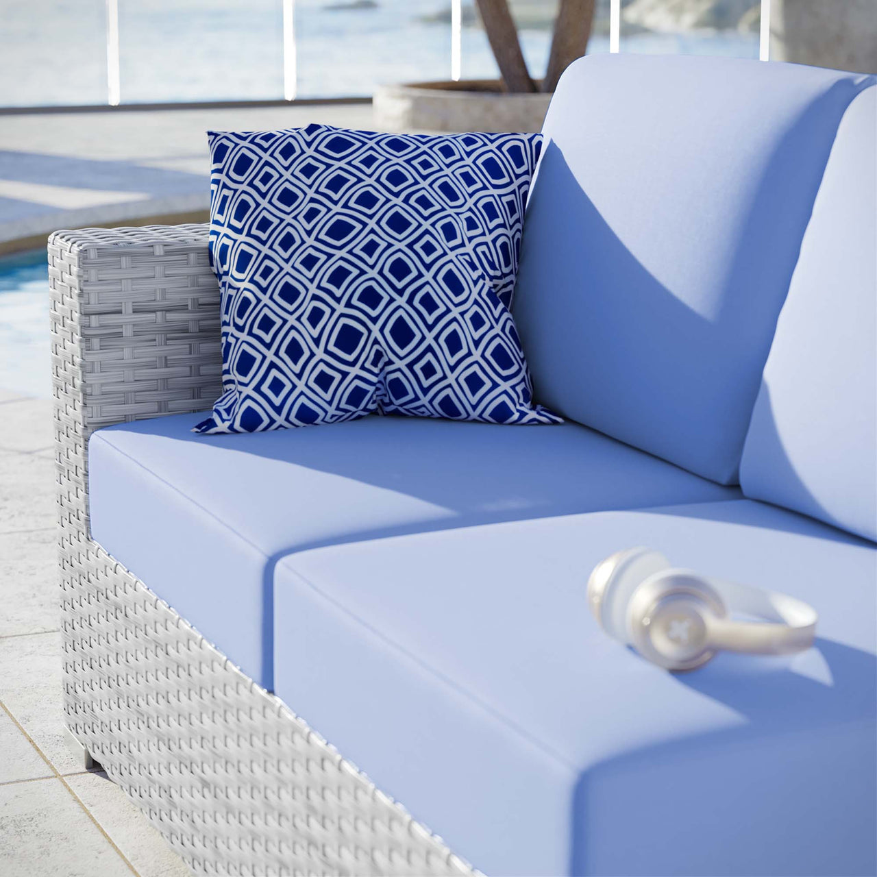 Conversation Alfresco Left-Arm Loveseat | Outdoor Modular Sectional Component, Light Gray & Light Blue