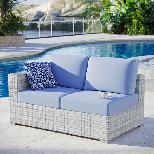 Conversation Alfresco Left-Arm Loveseat | Outdoor Modular Sectional Component, Light Gray & Light Blue