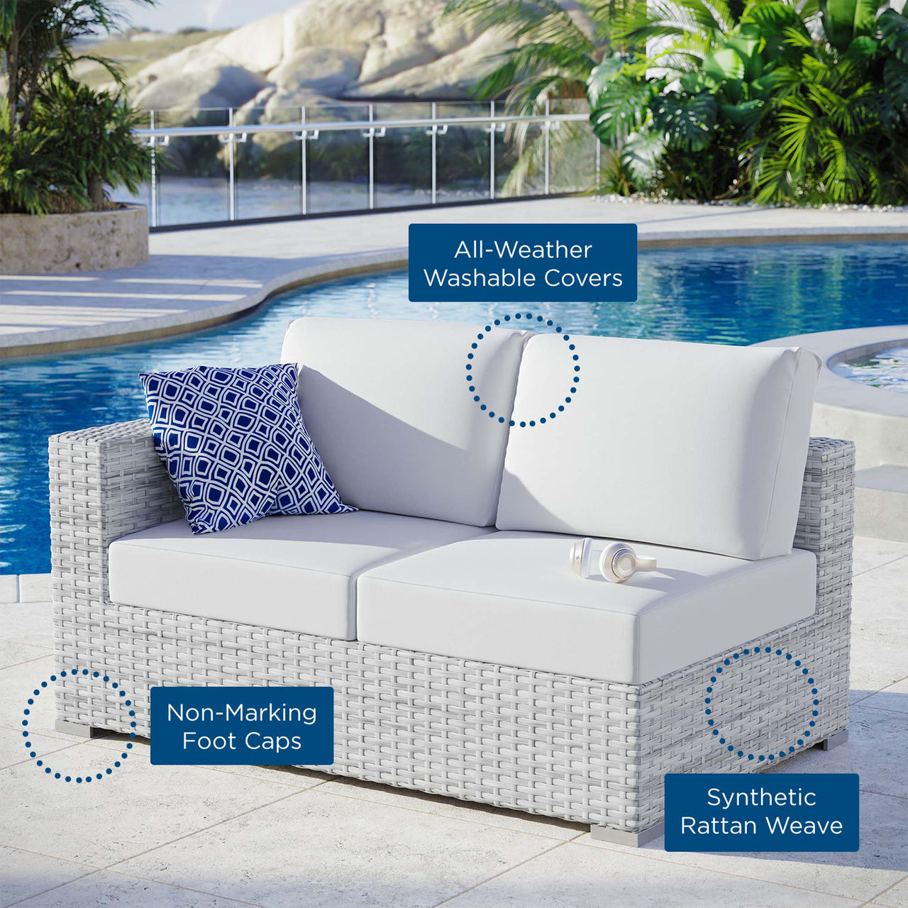 Conversation Alfresco Left-Arm Loveseat | Outdoor Modular Sectional Component, Light Gray & White