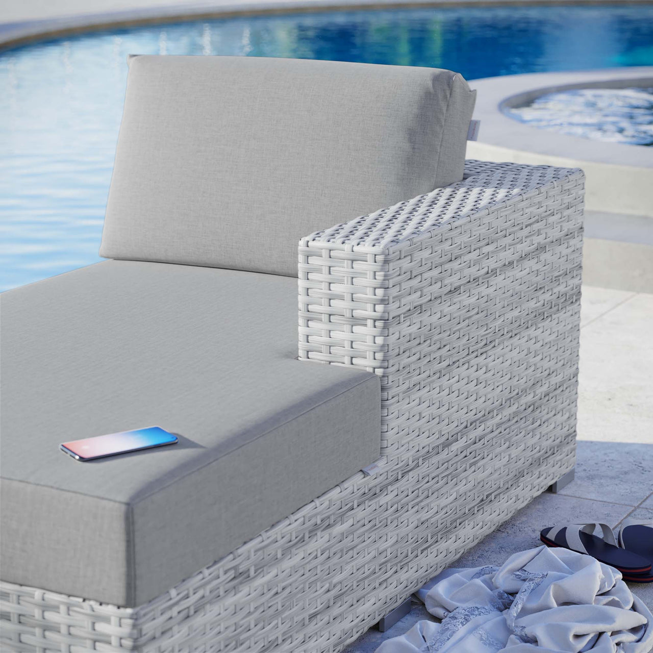 Conversation Alfresco Right Chaise | Outdoor Modular Sectional Component, Light Gray & Gray