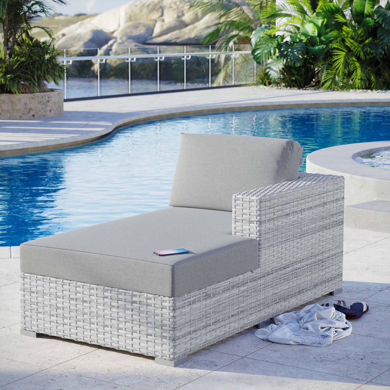 Conversation Alfresco Right Chaise | Outdoor Modular Sectional Component, Light Gray & Gray