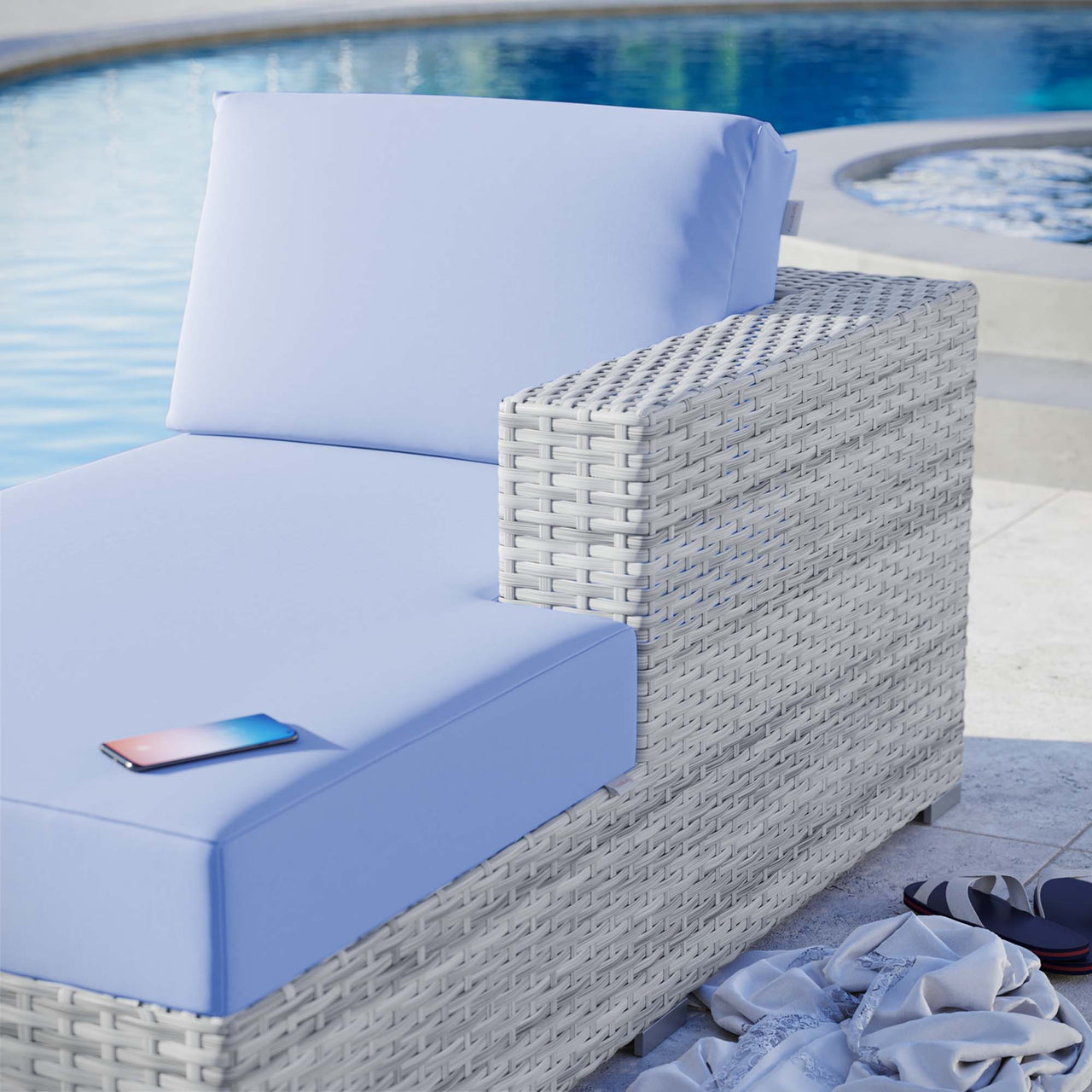 Conversation Alfresco Right Chaise | Outdoor Modular Sectional Component, Light Gray & Light Blue