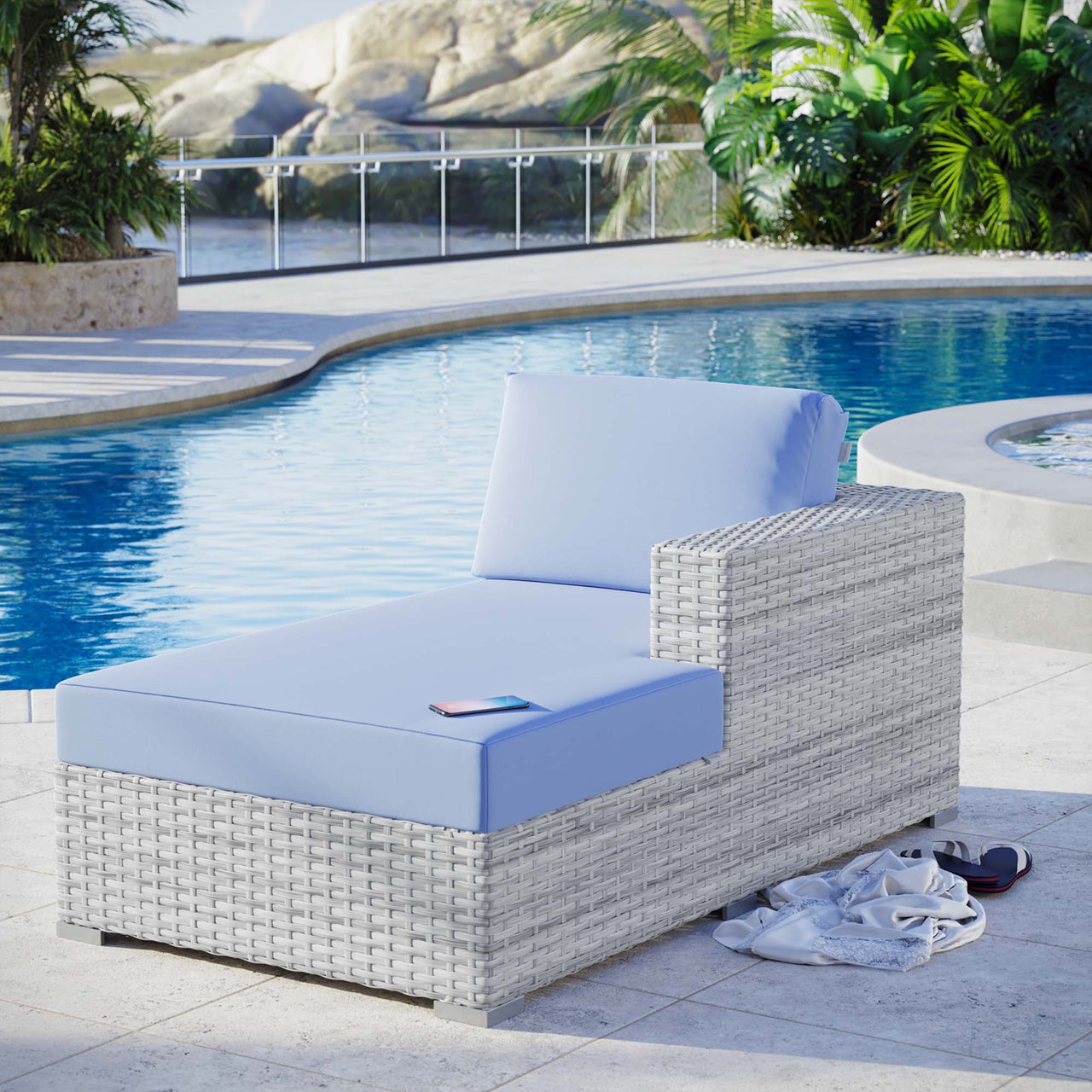 Conversation Alfresco Right Chaise | Outdoor Modular Sectional Component, Light Gray & Light Blue
