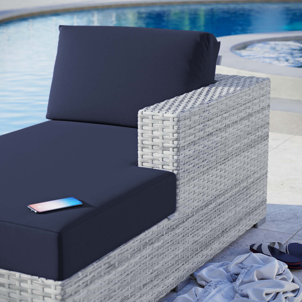 Conversation Alfresco Right Chaise | Outdoor Modular Sectional Component, Light Gray & Navy