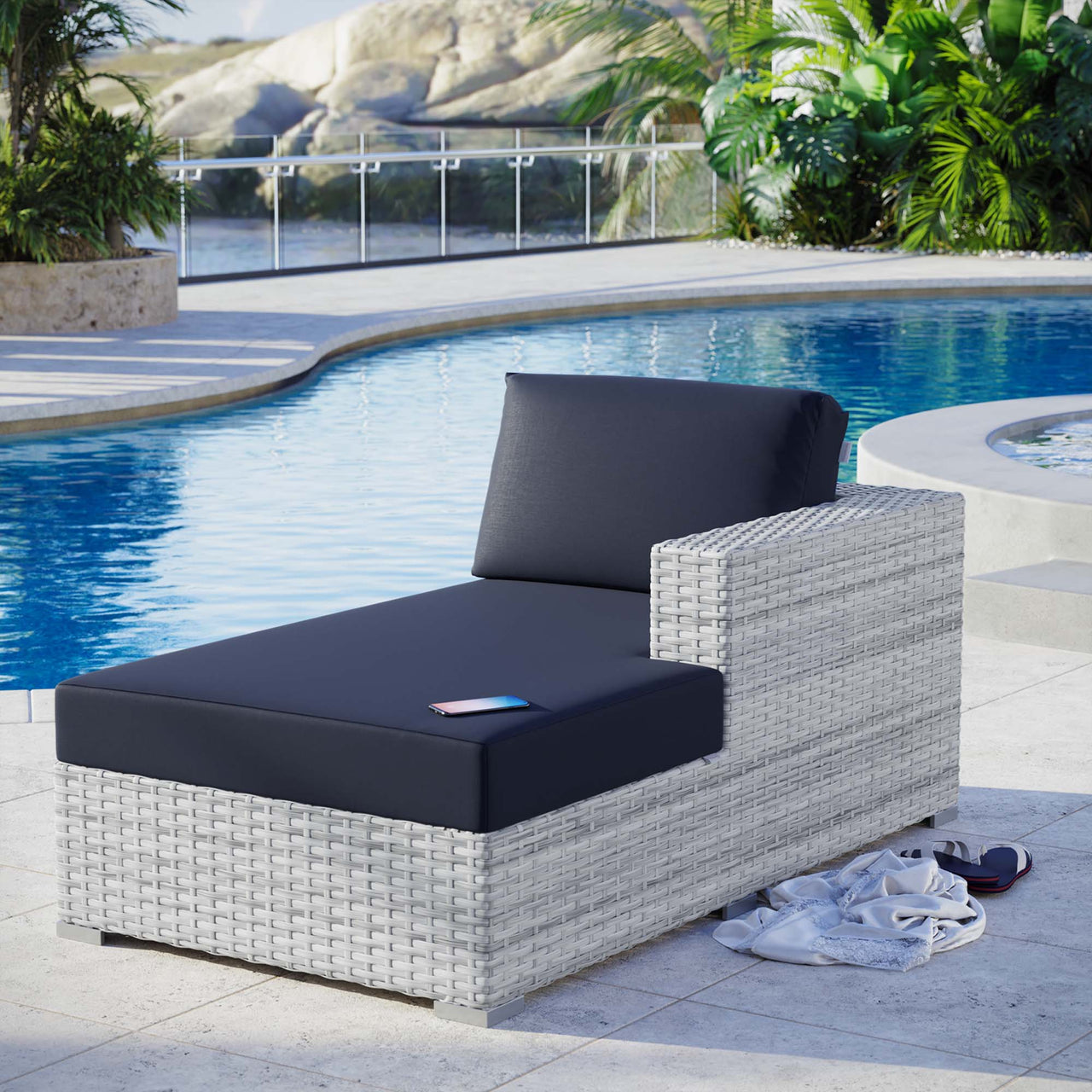 Conversation Alfresco Right Chaise | Outdoor Modular Sectional Component, Light Gray & Navy