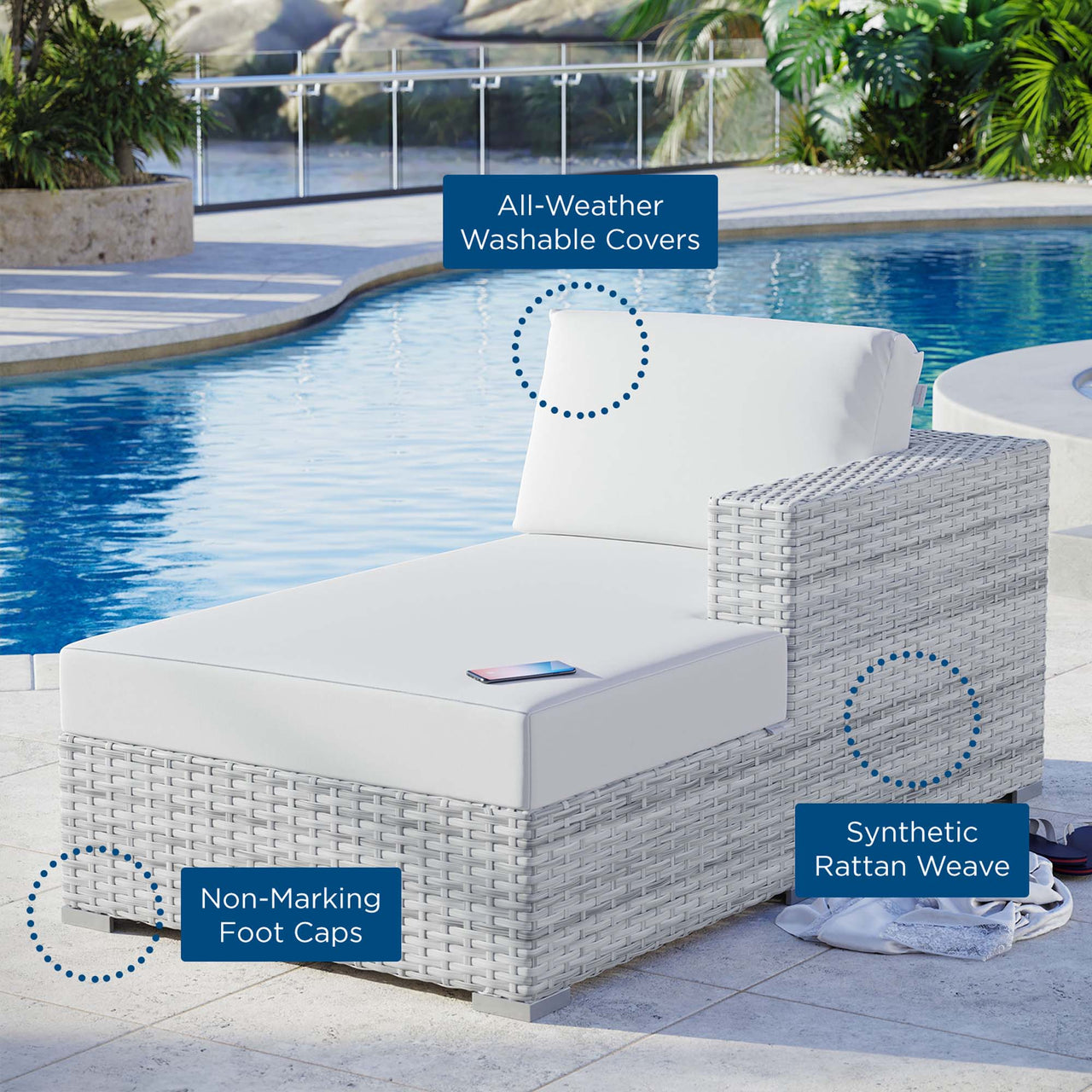 Conversation Alfresco Right Chaise | Outdoor Modular Sectional Component, Light Gray & White