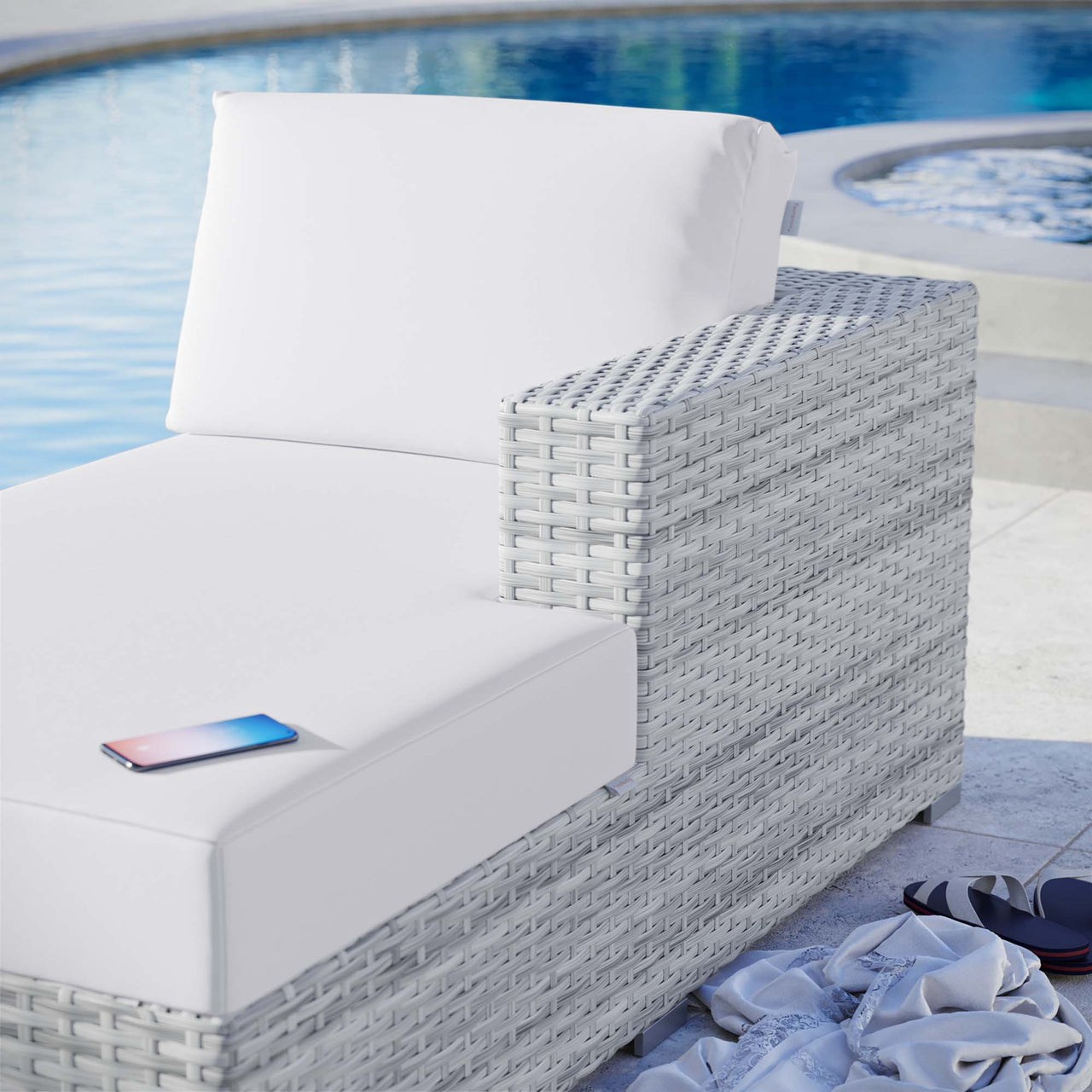 Conversation Alfresco Right Chaise | Outdoor Modular Sectional Component, Light Gray & White
