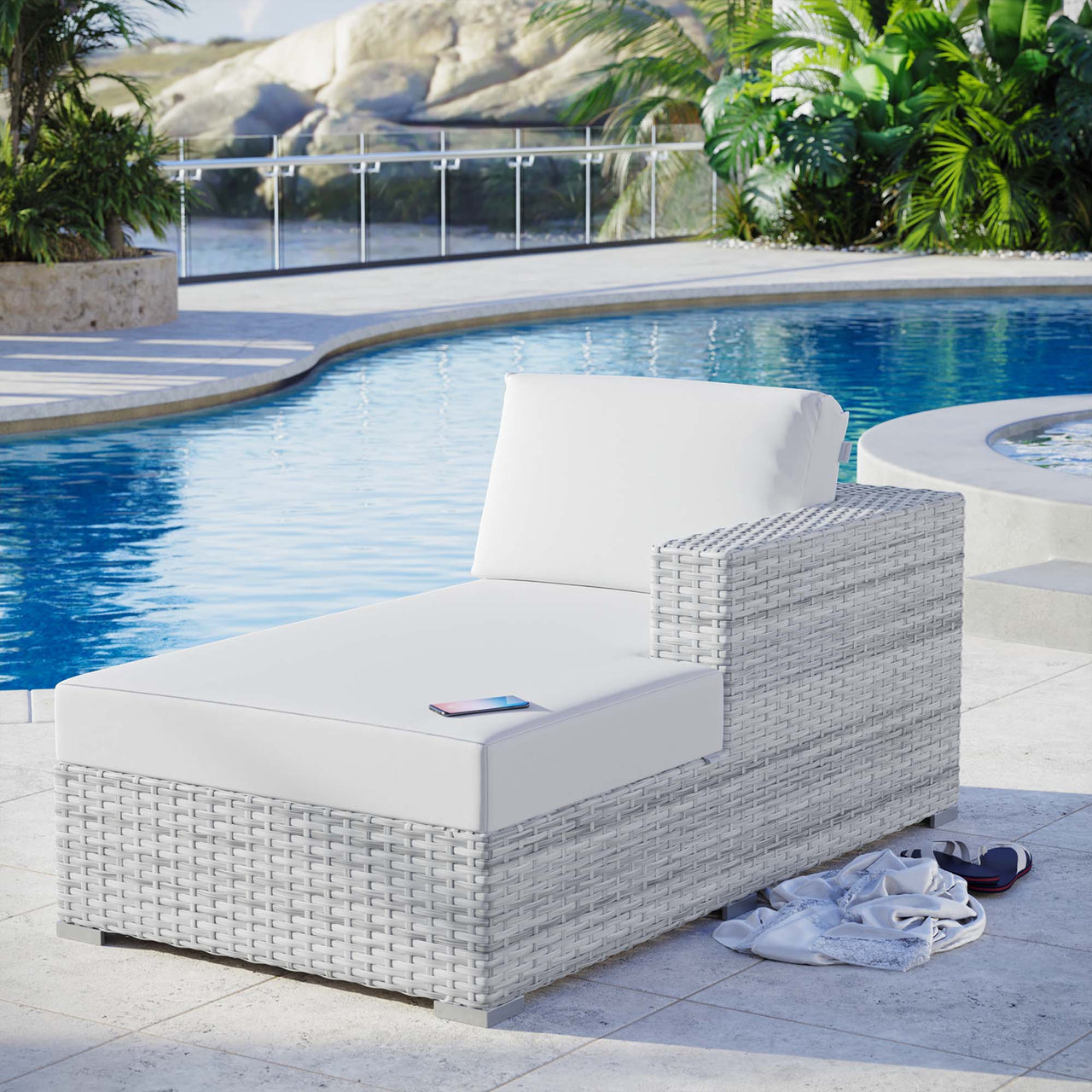Conversation Alfresco Right Chaise | Outdoor Modular Sectional Component, Light Gray & White