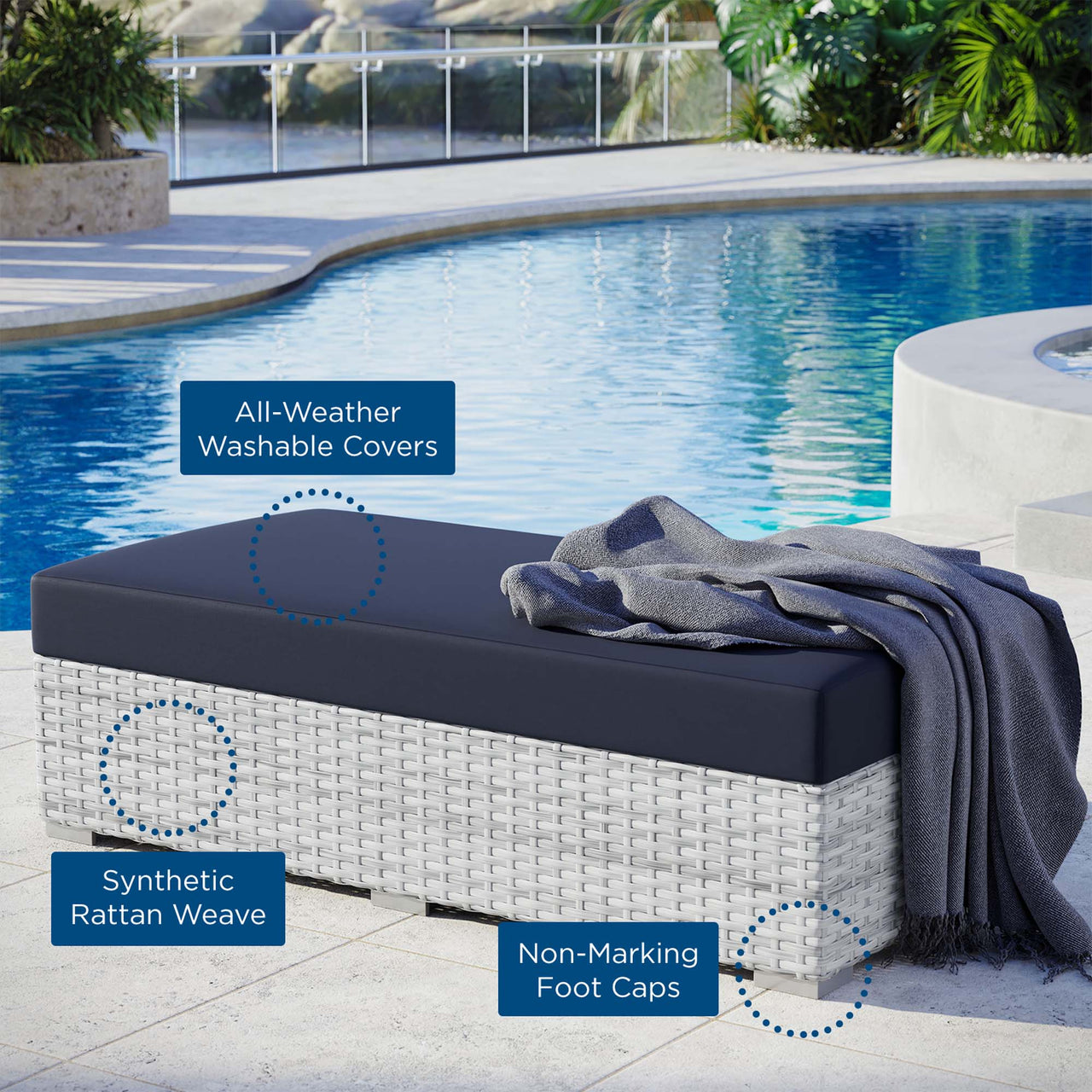 Conversation Alfresco Rectangular Ottoman, Light Gray & Navy