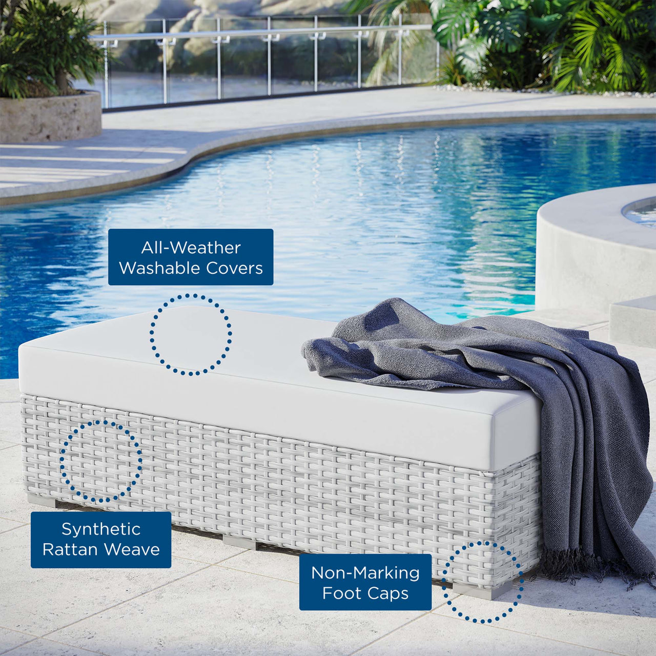 Conversation Alfresco Rectangular Ottoman, Light Gray & White