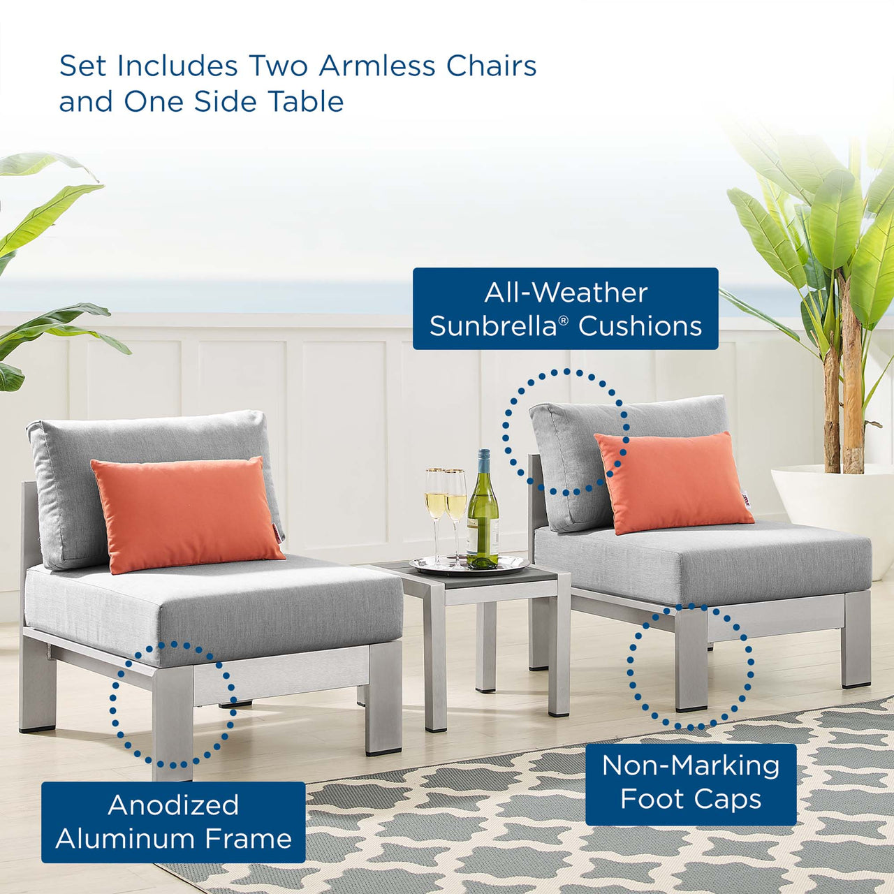 Shorea 3-Piece Sunbrella® Fabric Alfresco Set, Silver & Gray