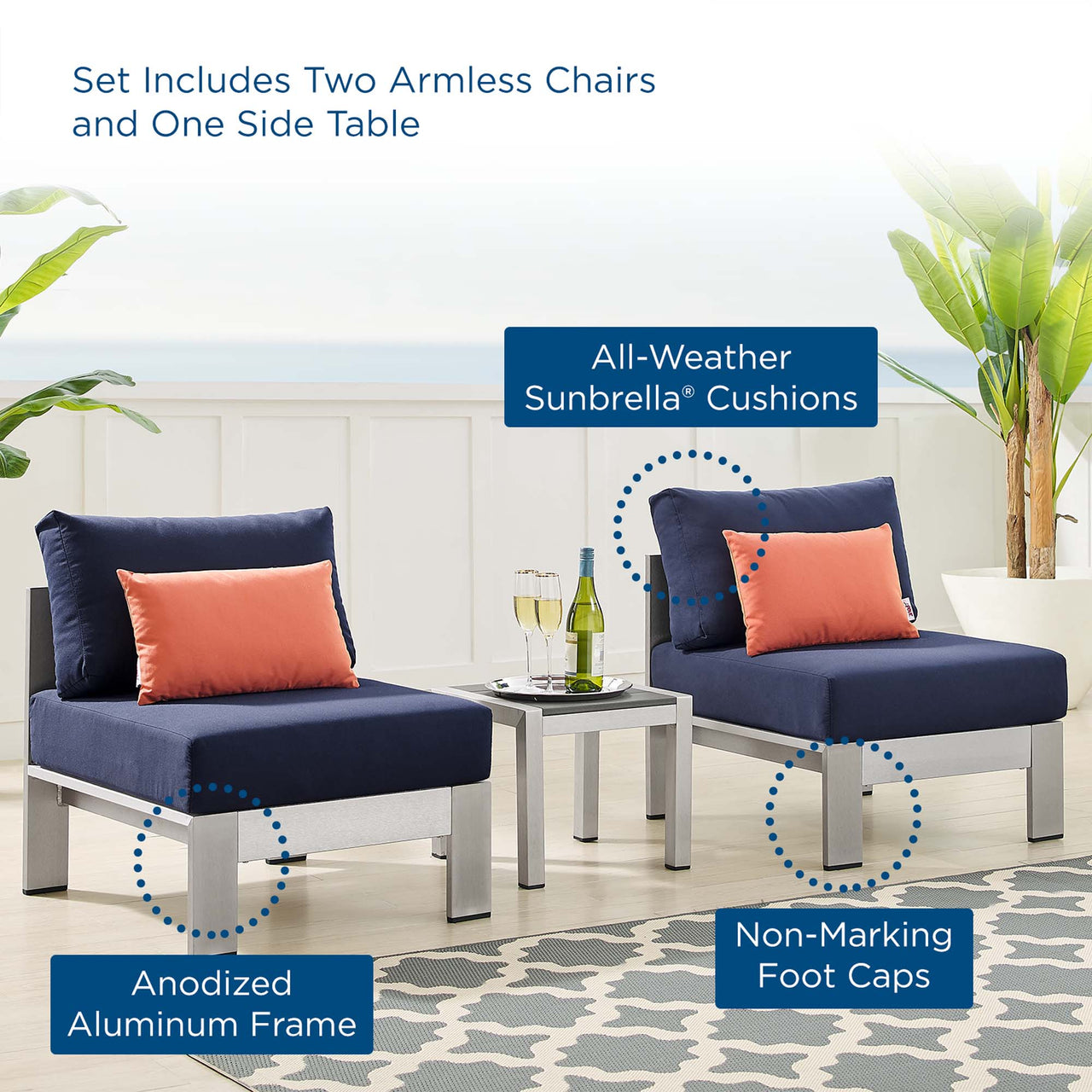 Shorea 3-Piece Sunbrella® Fabric Alfresco Set, Silver & Navy