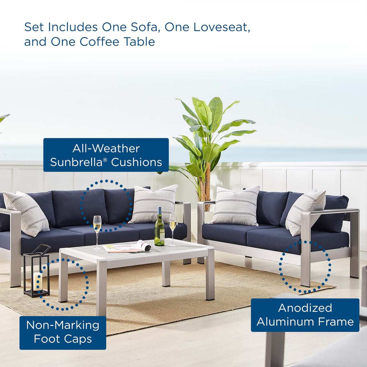 Shorea 3-Piece Sunbrella® Fabric Alfresco Set, Silver & Navy