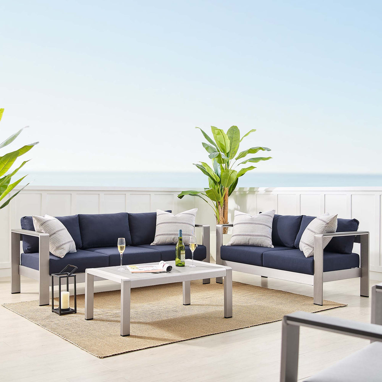 Shorea 3-Piece Sunbrella® Fabric Alfresco Set, Silver & Navy
