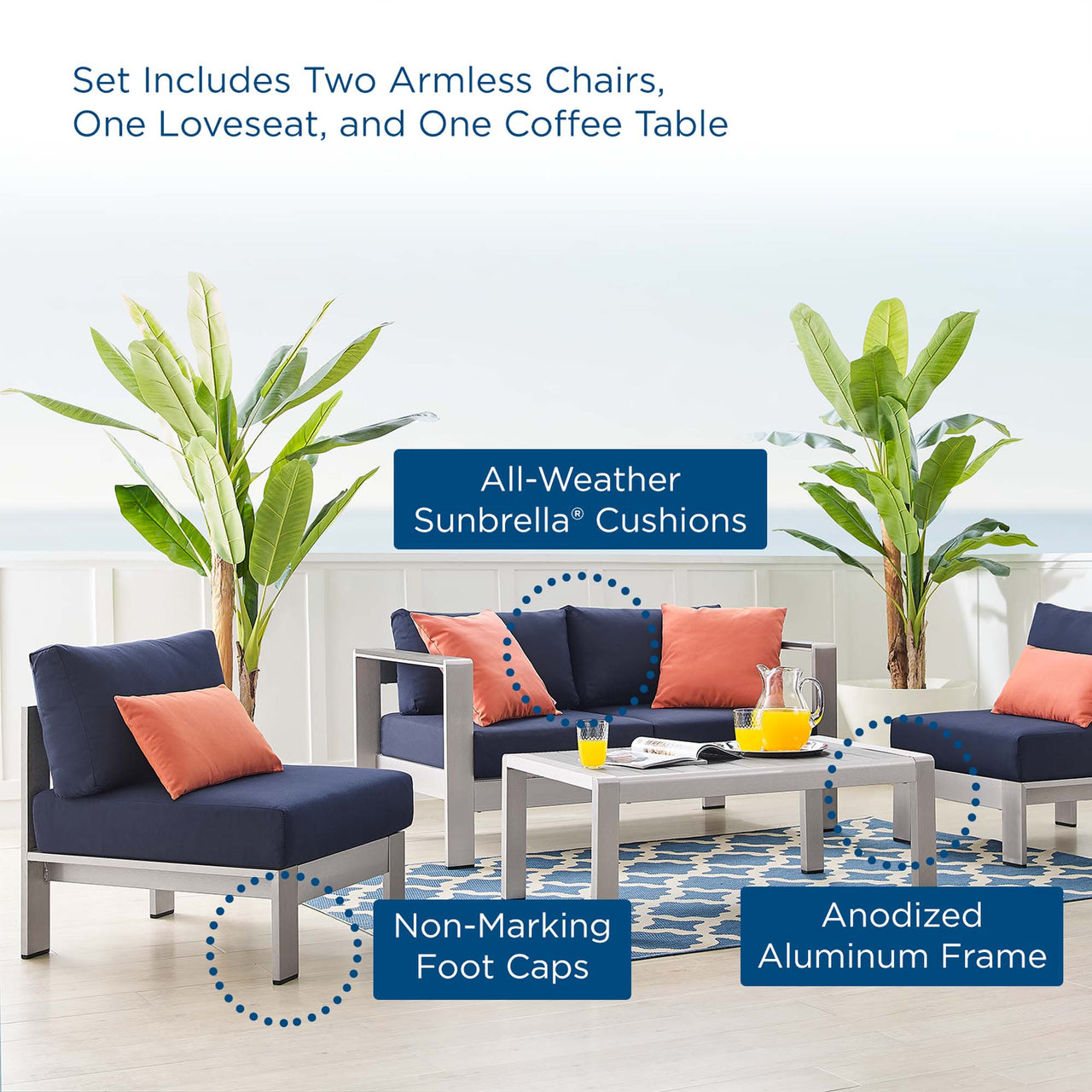 Shorea 4-Piece Sunbrella® Fabric Alfresco Set, Silver & Navy
