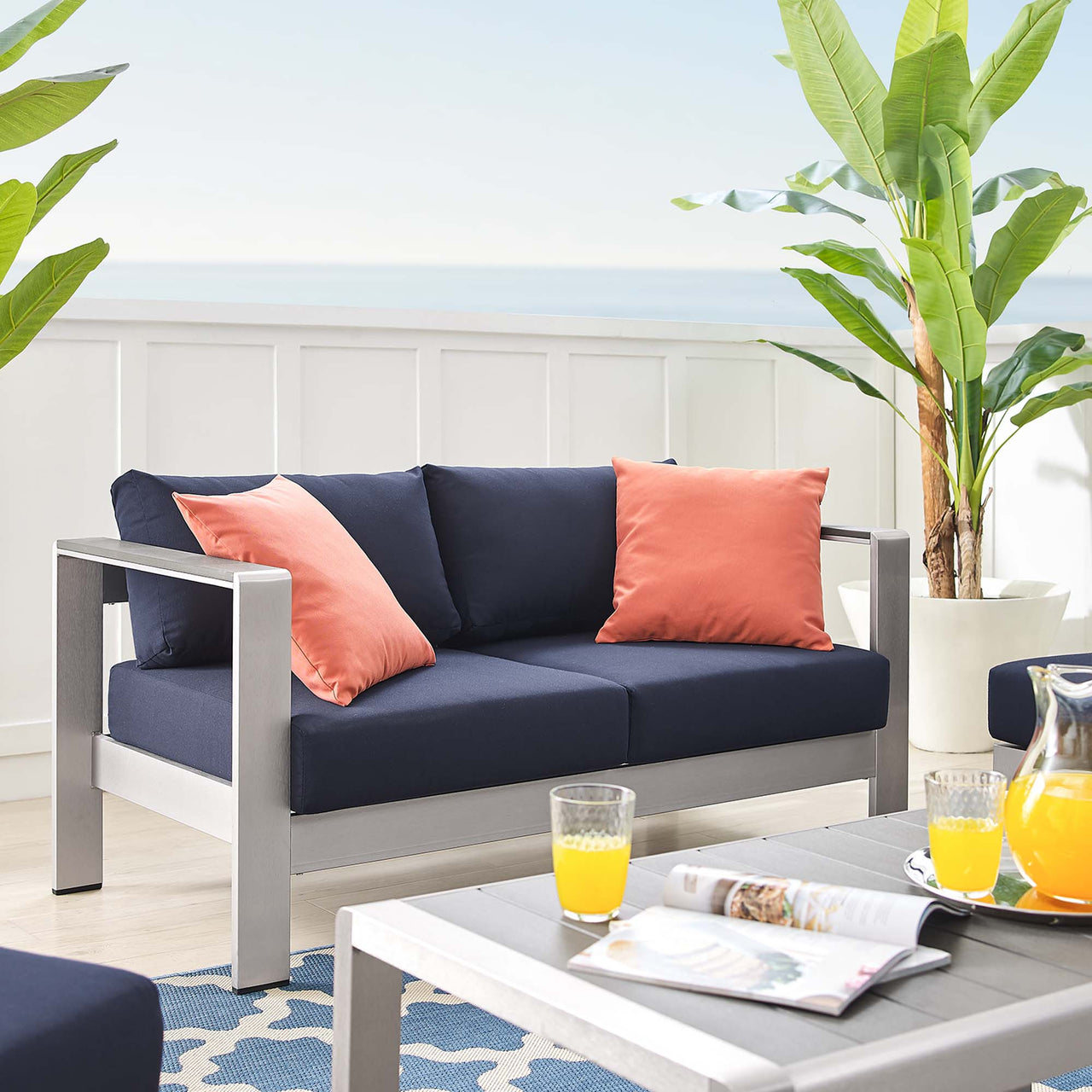 Shorea 4-Piece Sunbrella® Fabric Alfresco Set, Silver & Navy