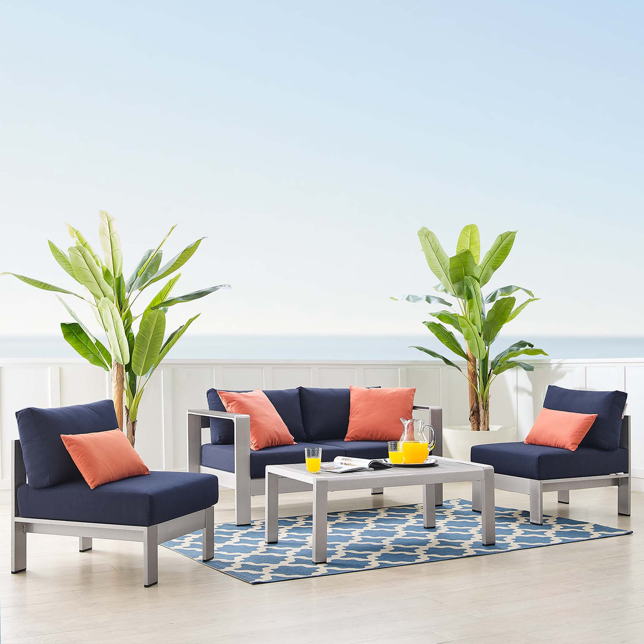 Shorea 4-Piece Sunbrella® Fabric Alfresco Set, Silver & Navy
