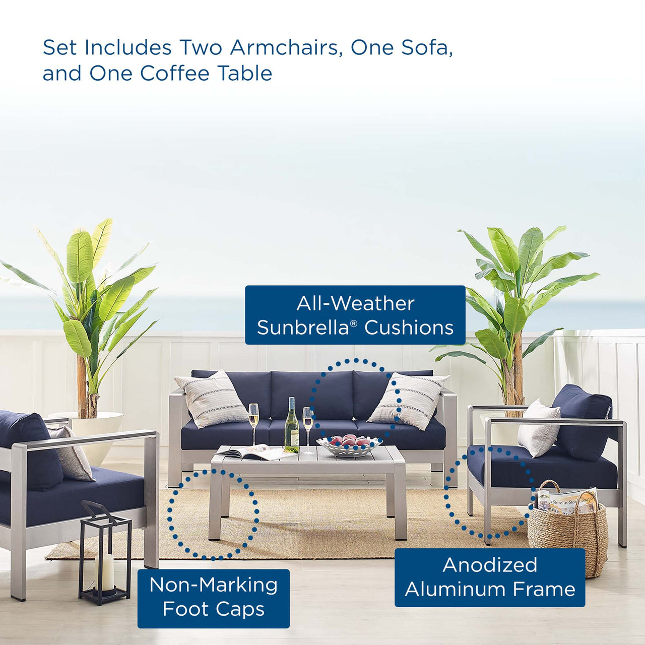 Shorea 4-Piece Sunbrella® Fabric Alfresco Set, Silver & Navy