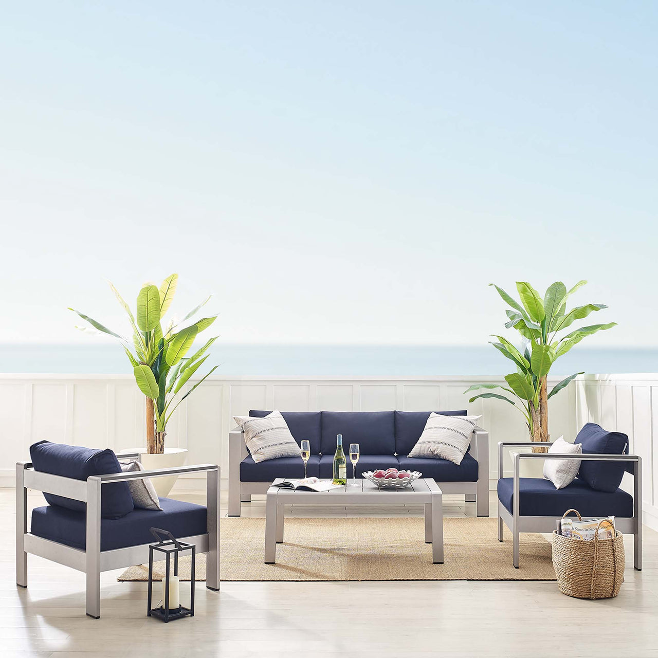 Shorea 4-Piece Sunbrella® Fabric Alfresco Set, Silver & Navy
