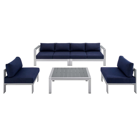 Shorea 5-Piece Sunbrella® Fabric Alfresco Sectional Sofa Set, Silver & Navy
