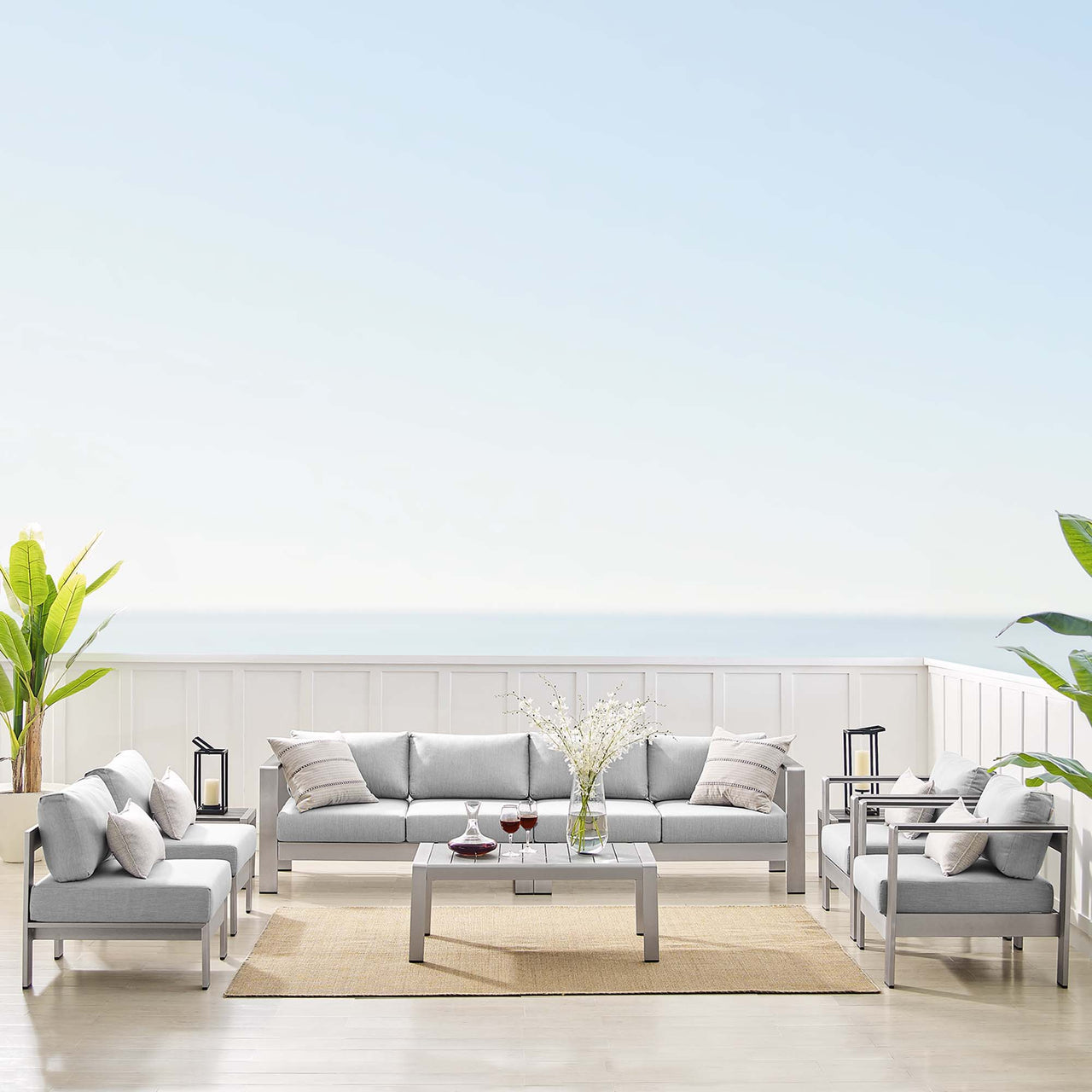 Shorea 9-Piece Sunbrella® Fabric Alfresco Sectional Sofa Set, Silver & Gray