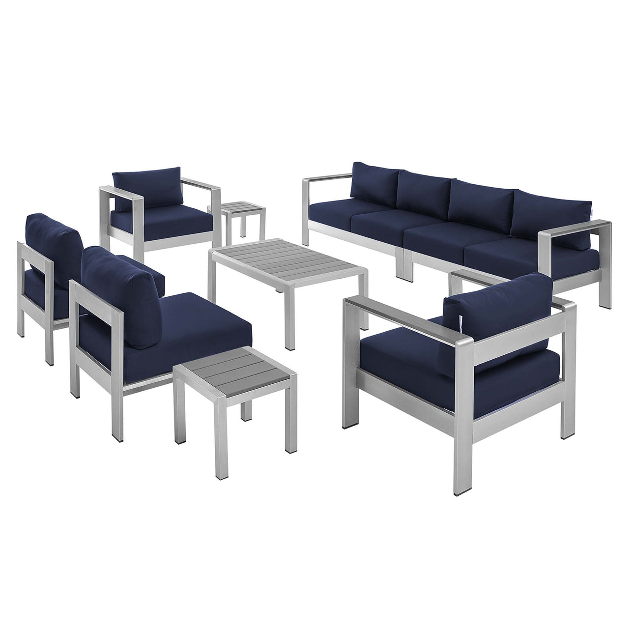Shorea 9-Piece Sunbrella® Fabric Alfresco Sectional Sofa Set, Silver & Navy