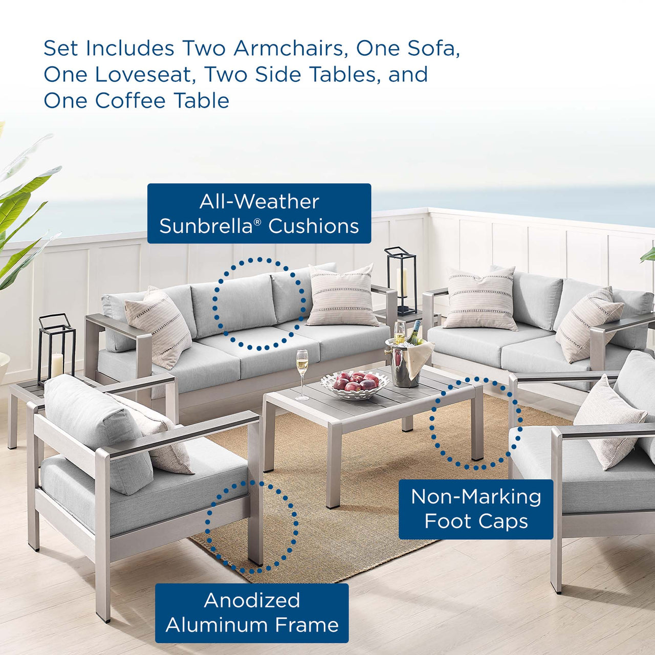 Shorea 7-Piece Sunbrella® Fabric Alfresco Set, Silver & Gray