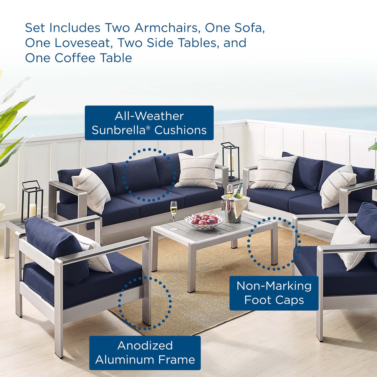 Shorea 7-Piece Sunbrella® Fabric Alfresco Set, Silver & Navy