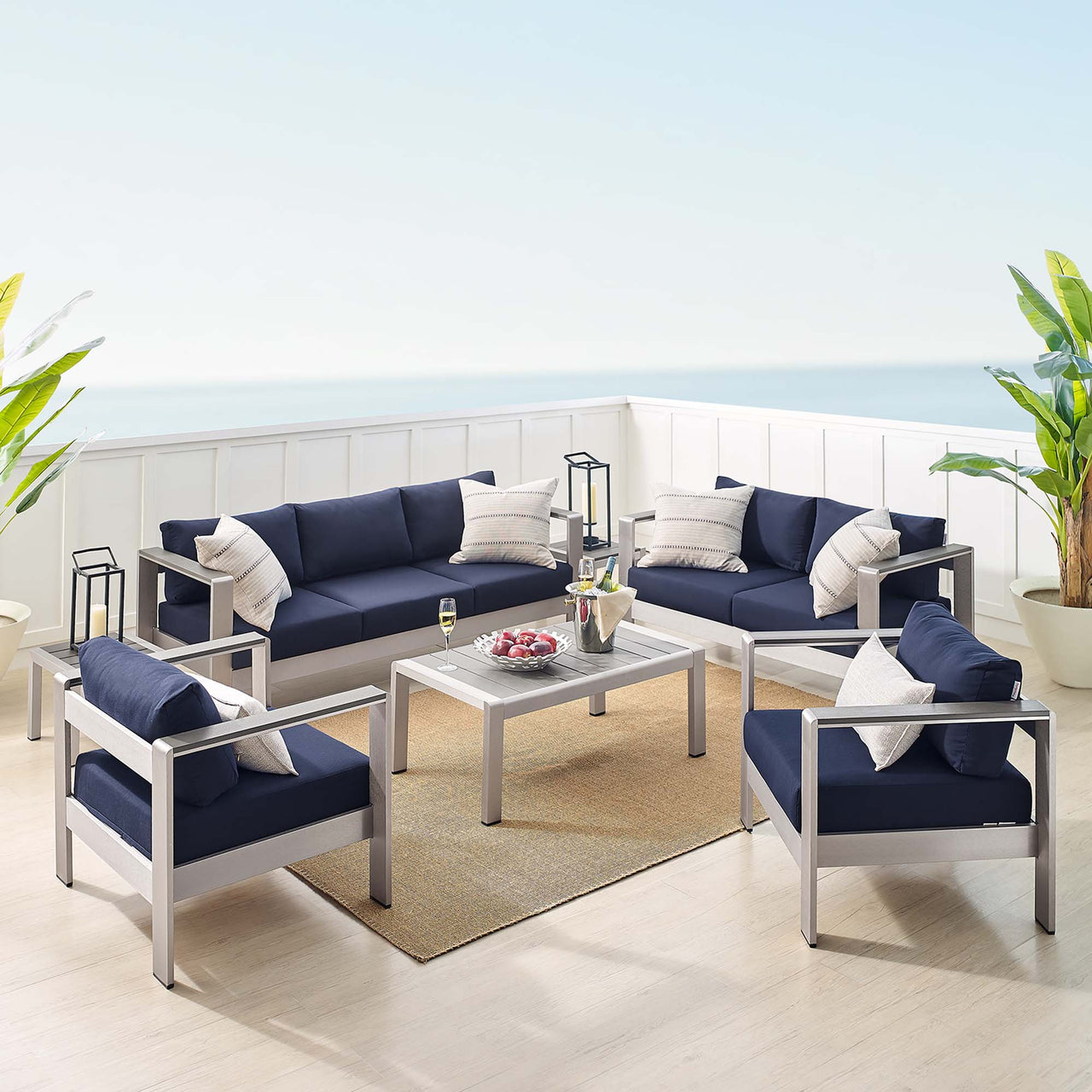 Shorea 7-Piece Sunbrella® Fabric Alfresco Set, Silver & Navy
