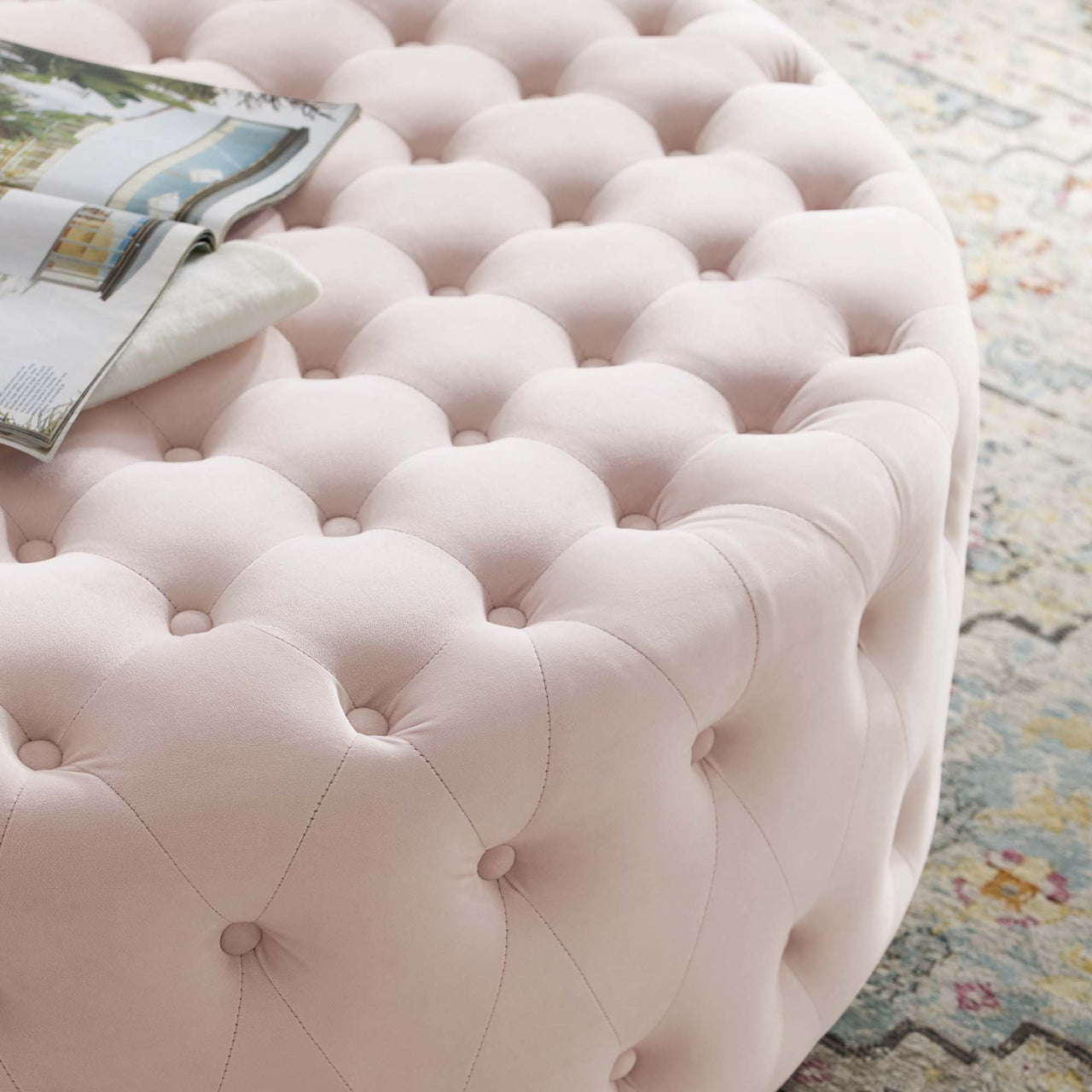Revona Round Velvet Ottoman, Pink