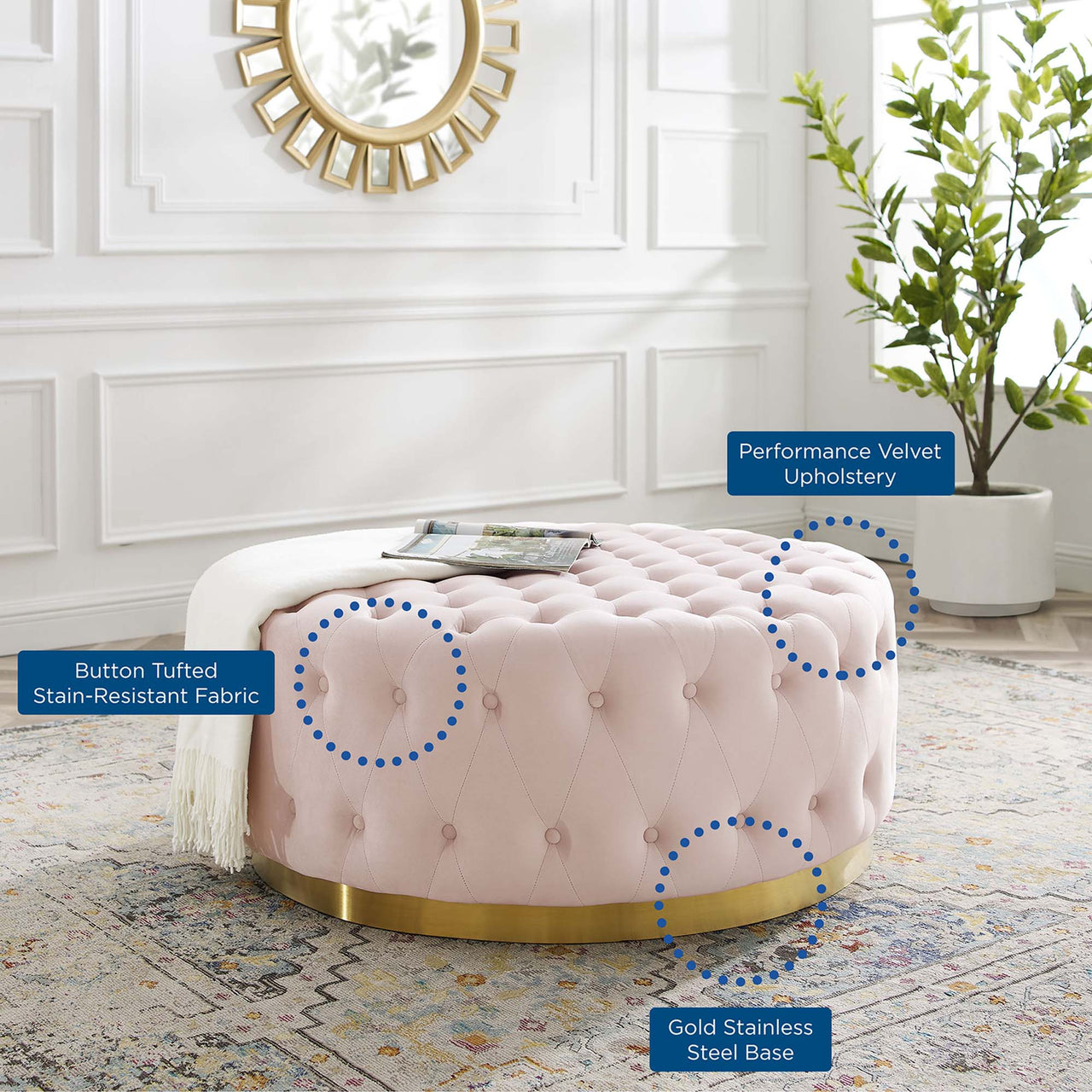 Revona Round Velvet Ottoman, Pink