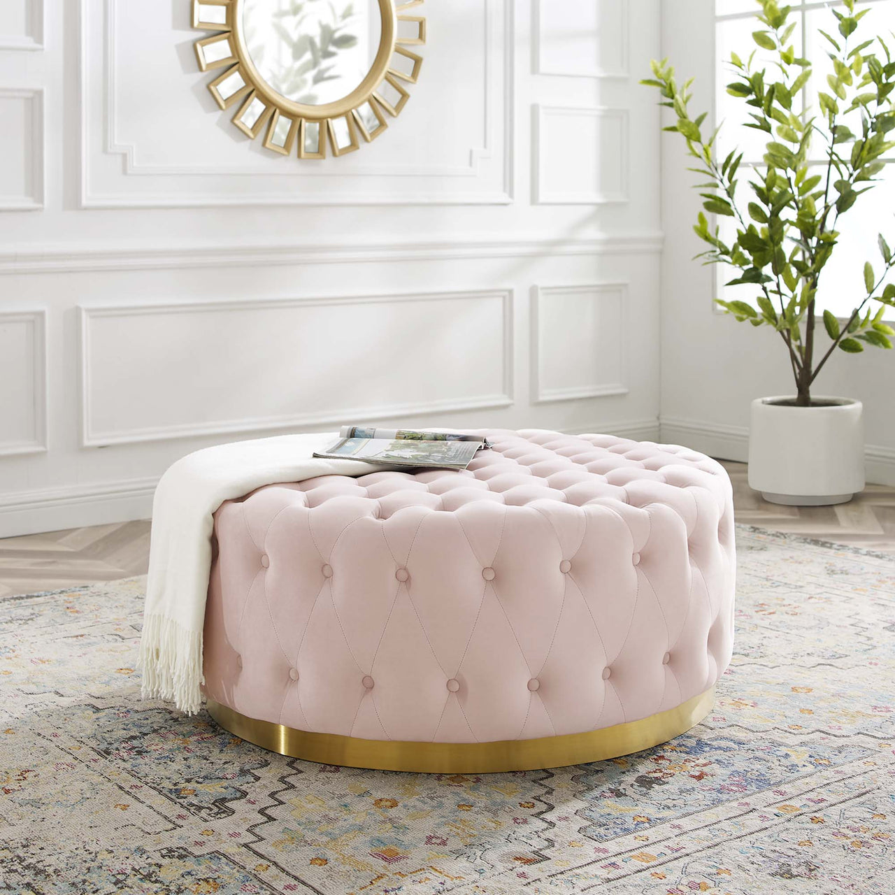 Revona Round Velvet Ottoman, Pink