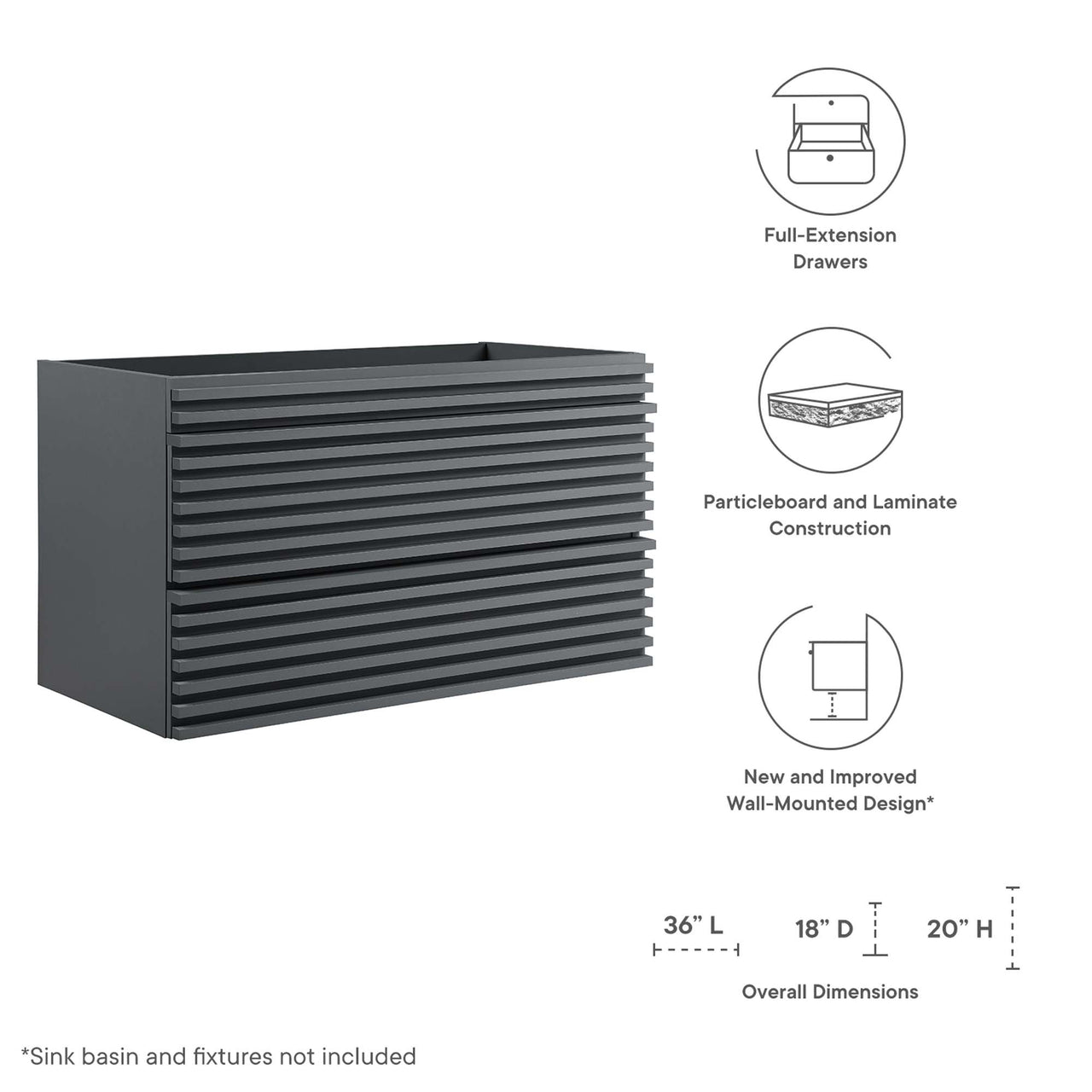 Ventra Floating Vanity Base with Storage, Large, Gray