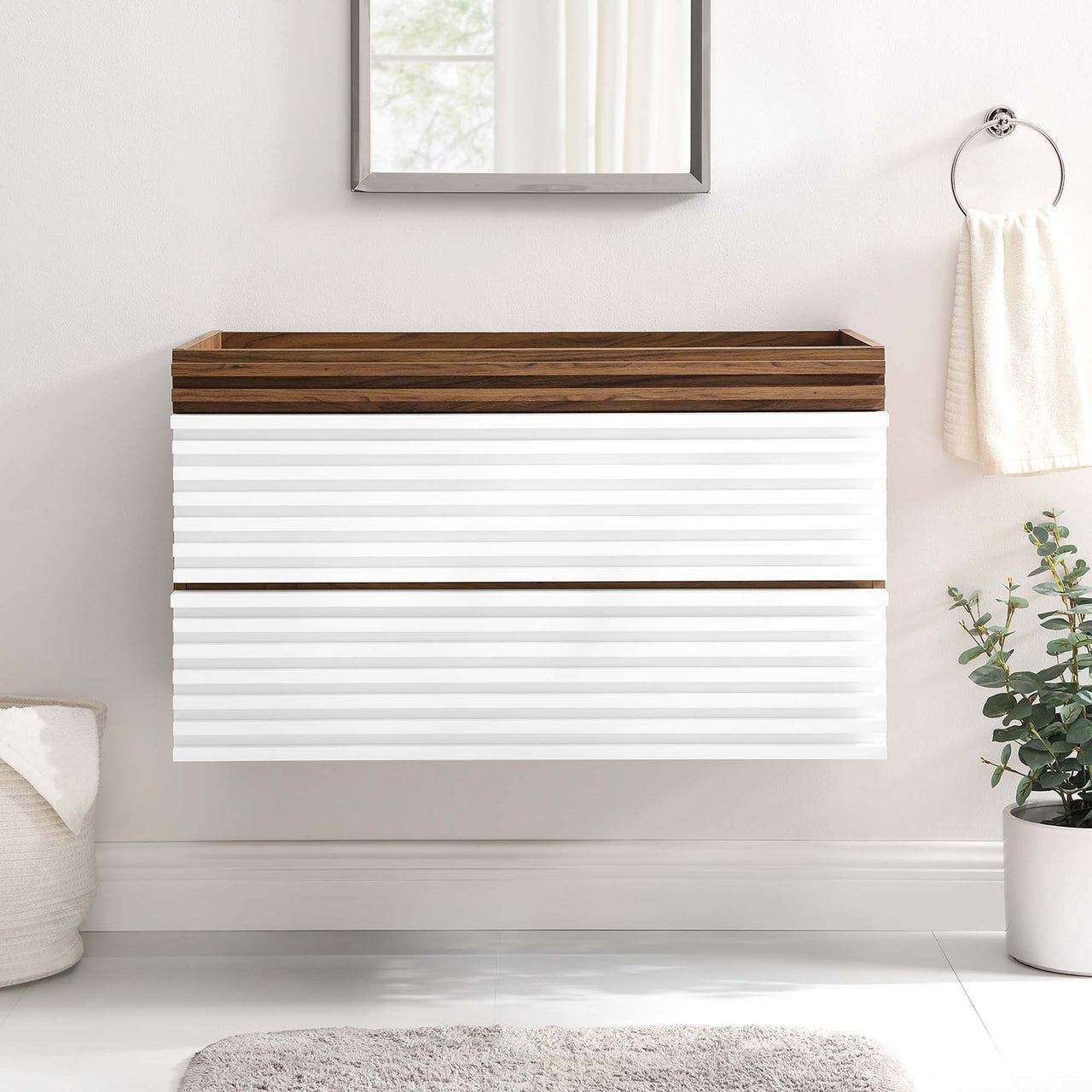 Ventra Floating Vanity Base with Storage, Large, White & Walnut