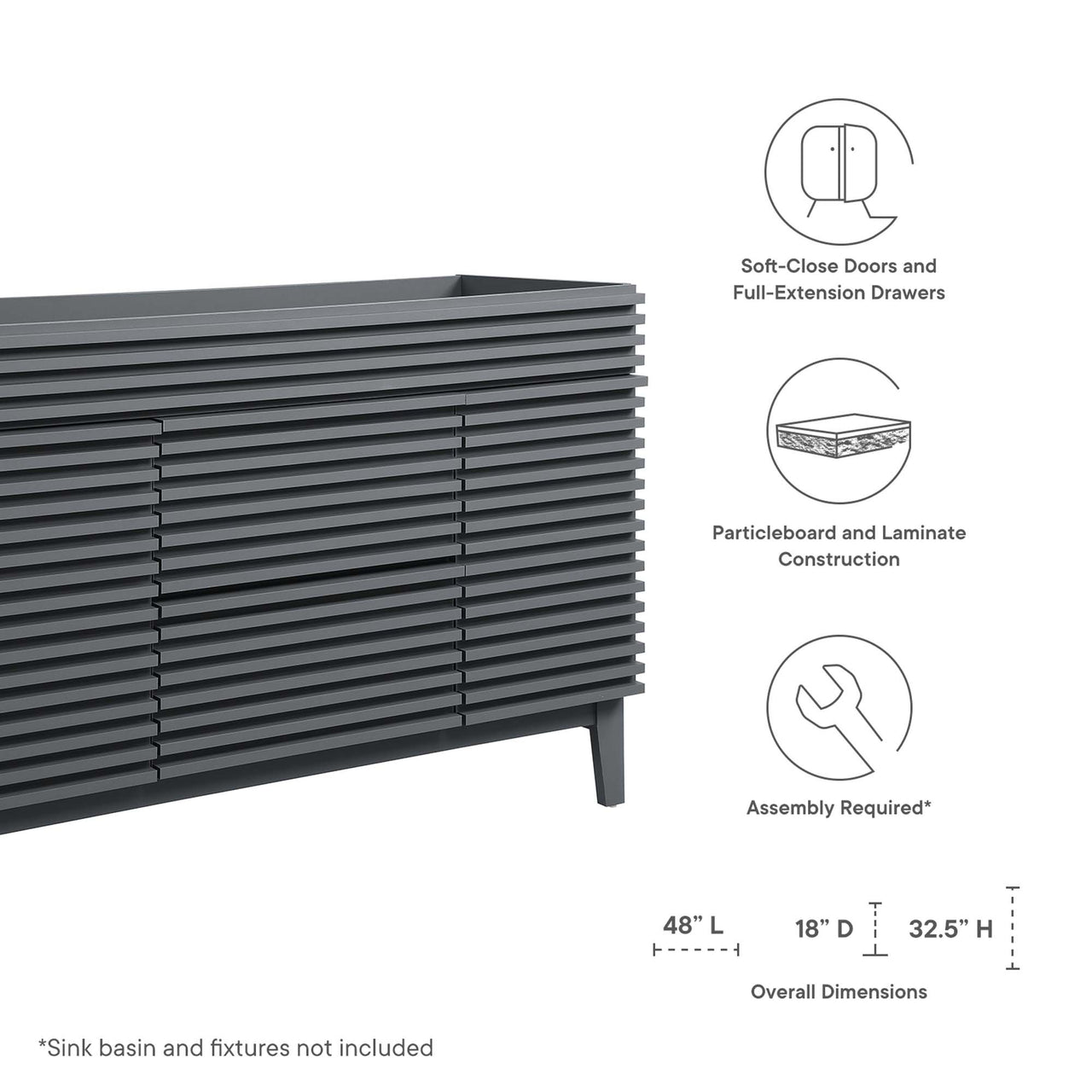 Ventra Vanity Base with Storage (Single Sink Compatible), Extra Large, Gray