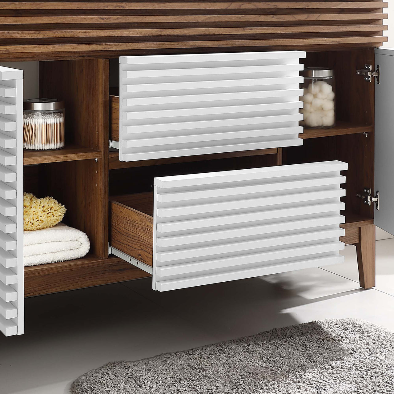 Ventra Vanity Base with Storage (Single Sink Compatible), Extra Large, White & Walnut