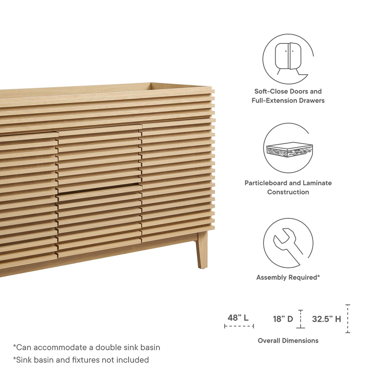 Ventra Vanity Base with Storage (Double Sink Compatible), Extra Large, Oak