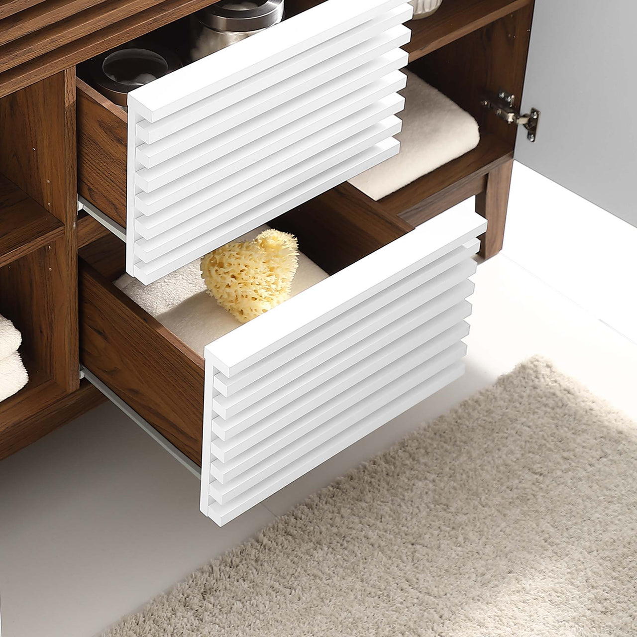 Ventra Vanity Base with Storage (Double Sink Compatible), Extra Large, White & Walnut