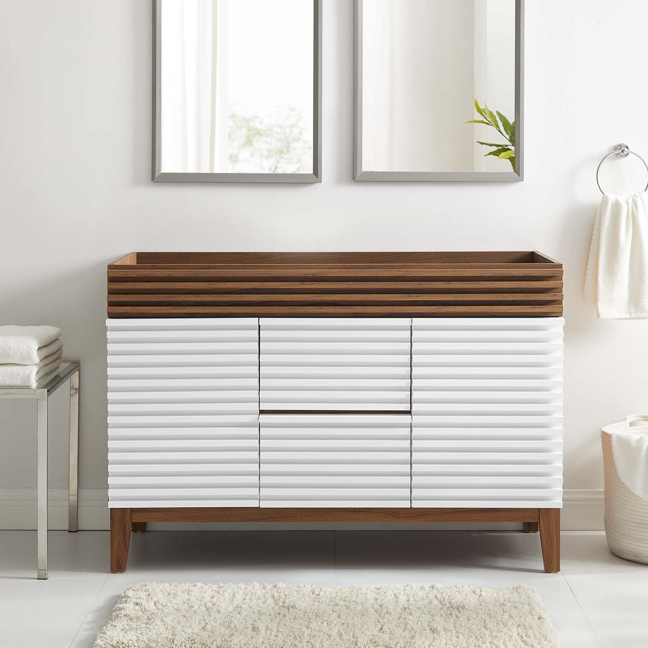 Ventra Vanity Base with Storage (Double Sink Compatible), Extra Large, White & Walnut