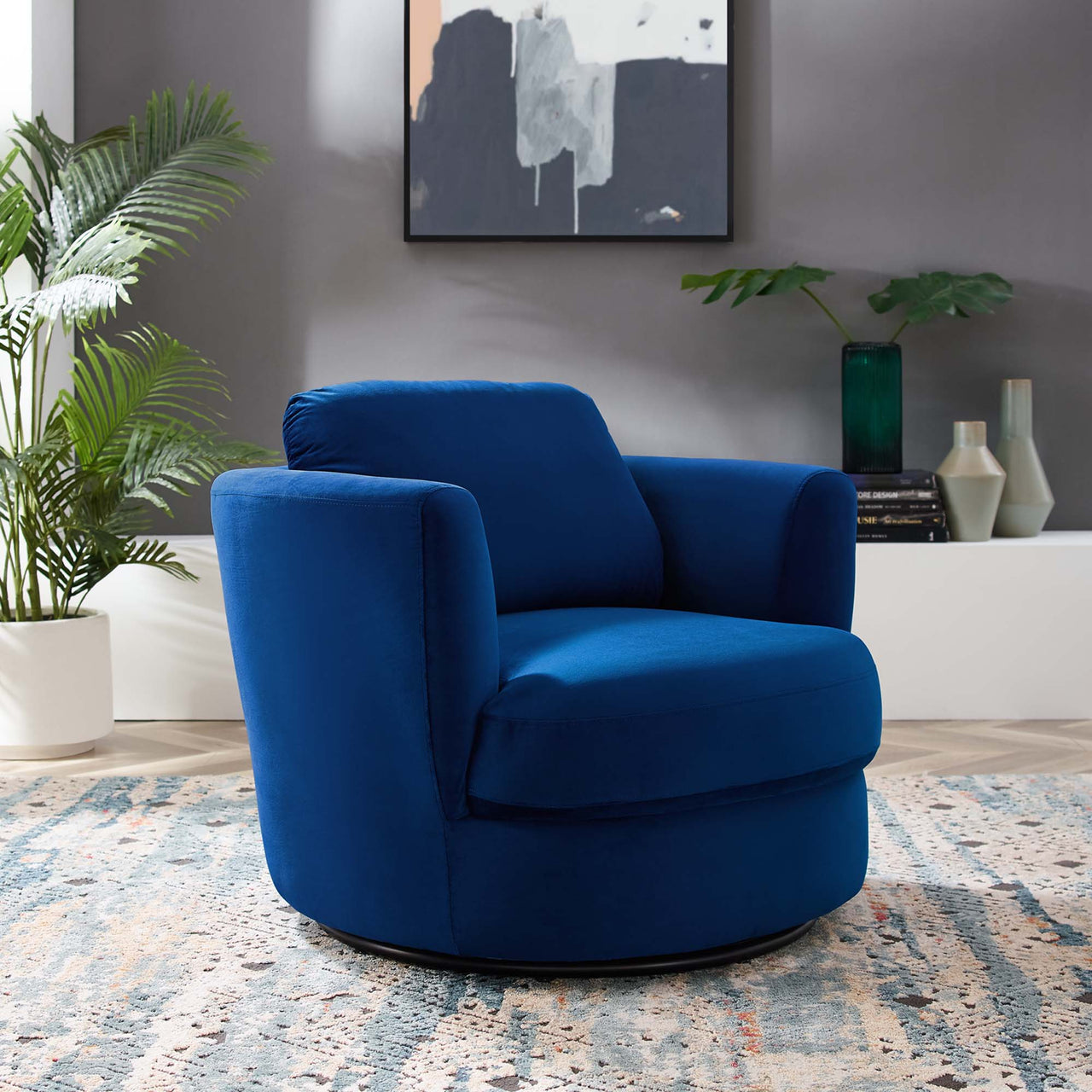 Eiravelle Upholstered Velvet Swivel Accent Chair, Navy