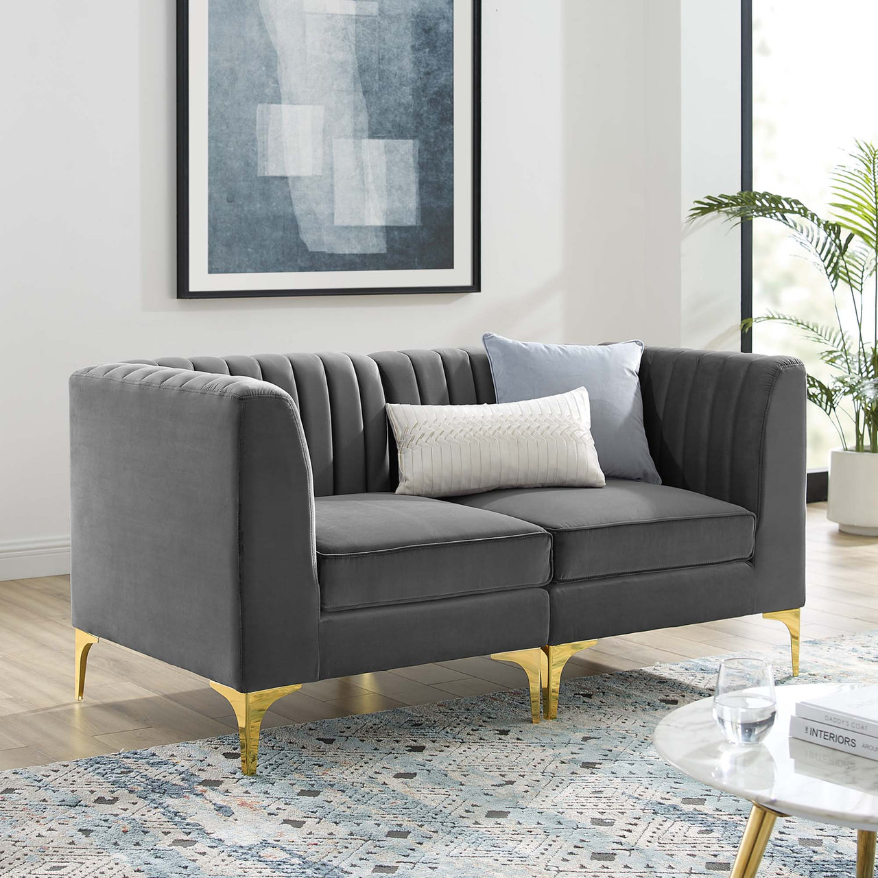 Valmere Upholstered Velvet Loveseat Sectional, Gray