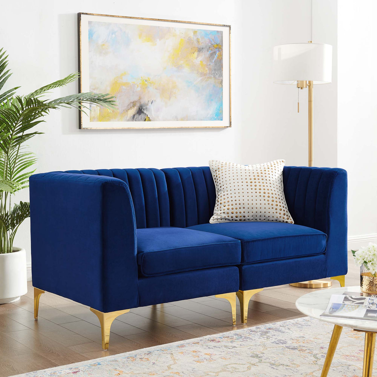 Valmere Upholstered Velvet Loveseat Sectional, Navy
